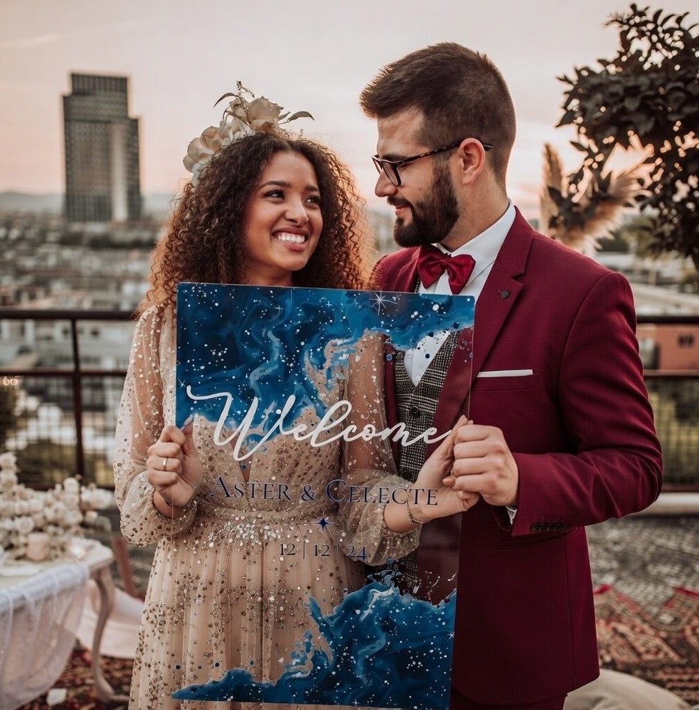 Panneau de bienvenue de mariage céleste personnalisé