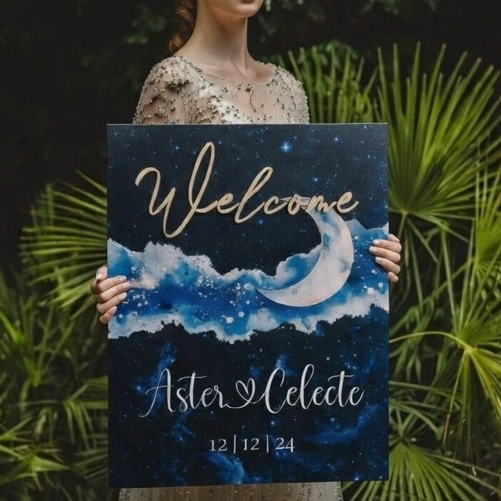 Panneau de bienvenue de mariage céleste personnalisé