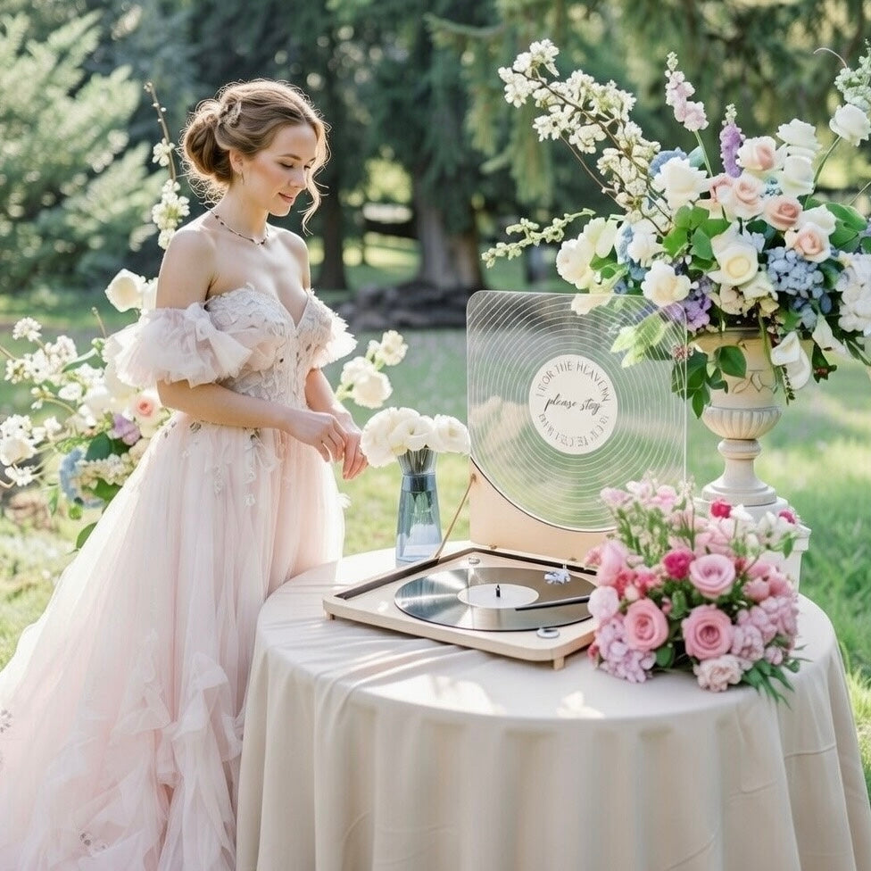 Personalisierte Hochzeitsgästebuch-Alternative: Vinyl-Schallplatten-Gästebuchschild mit Plattenspieler-Imitation