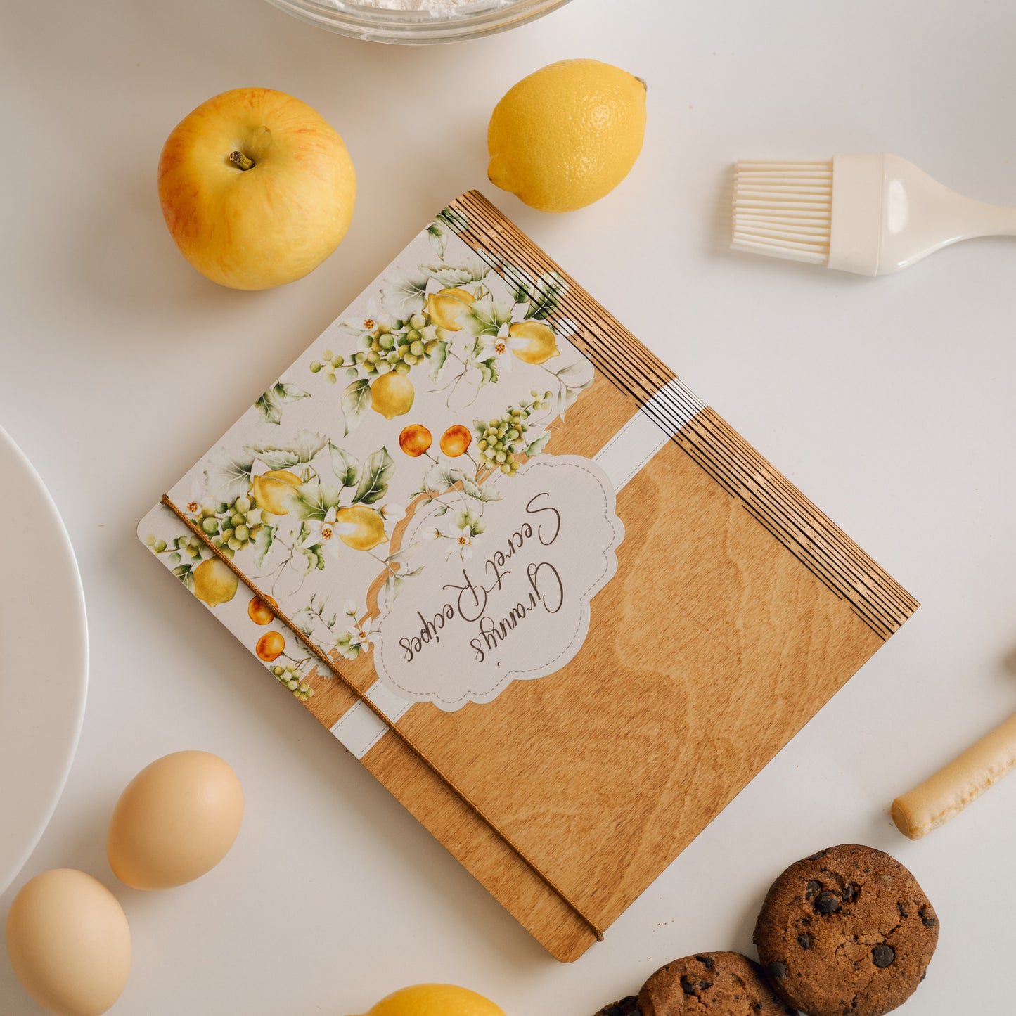 Personalized Recipe Book with Wooden Cover, Mediterranean Style Kitchen Decor