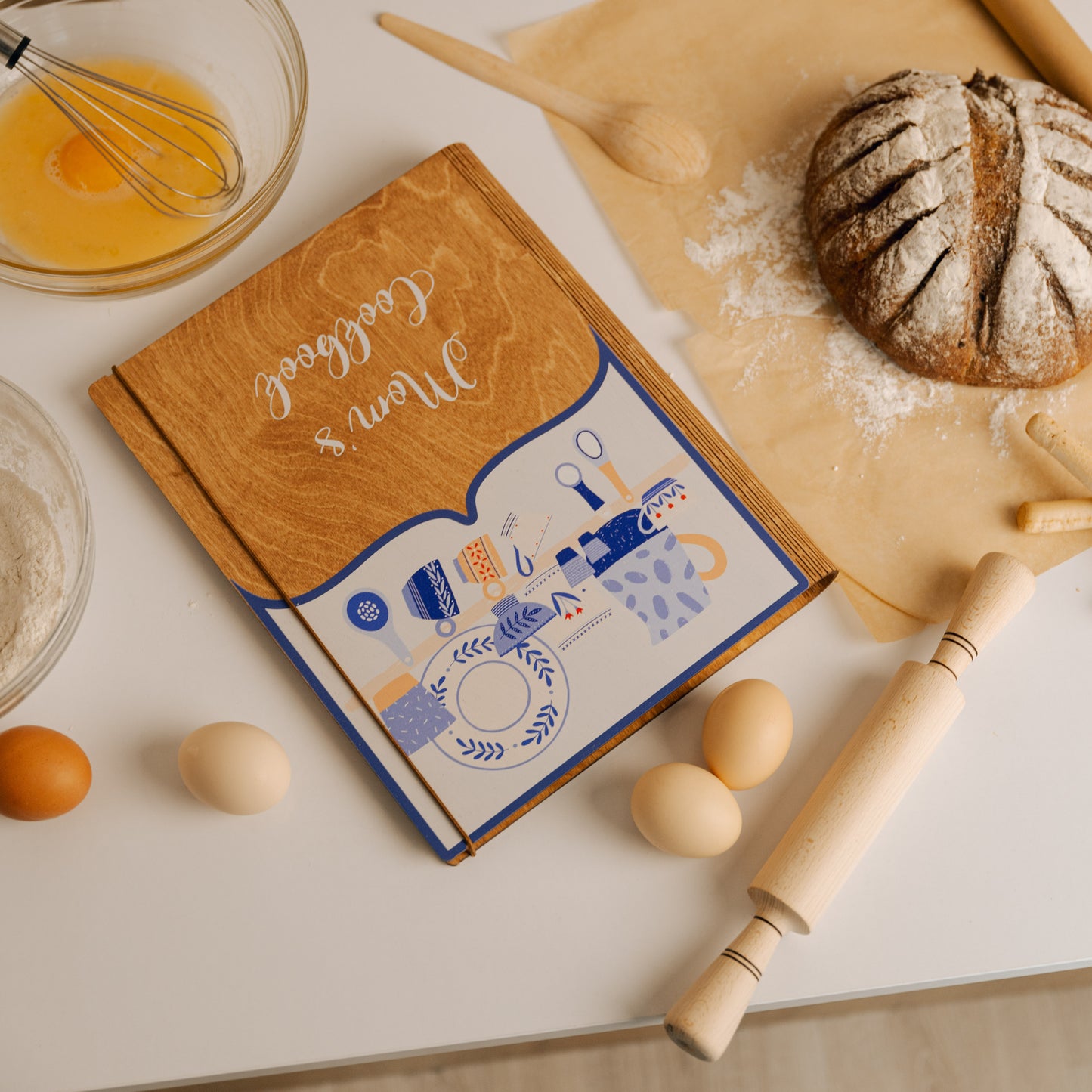 Personalized Recipe Book with Wooden Cover, Mediterranean Style Kitchen Decor