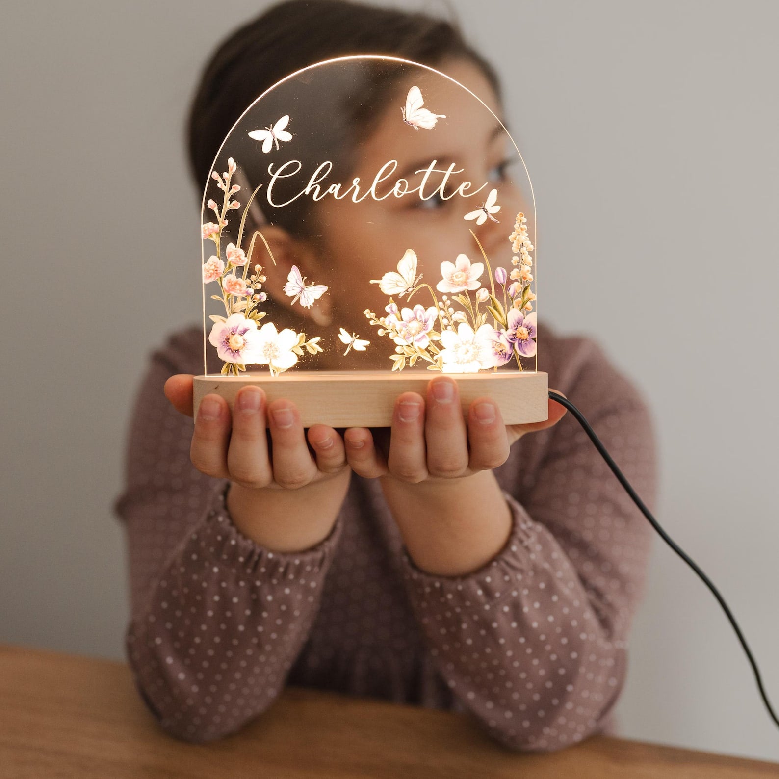 Custom Floral Night Light for Baby Girl Nursery Decor - Personalized Name Lamp