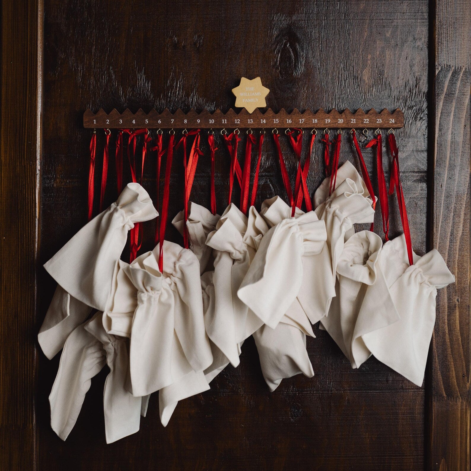 Personalized Advent Calendar with a Star & Optional Hooks & Linen Bags