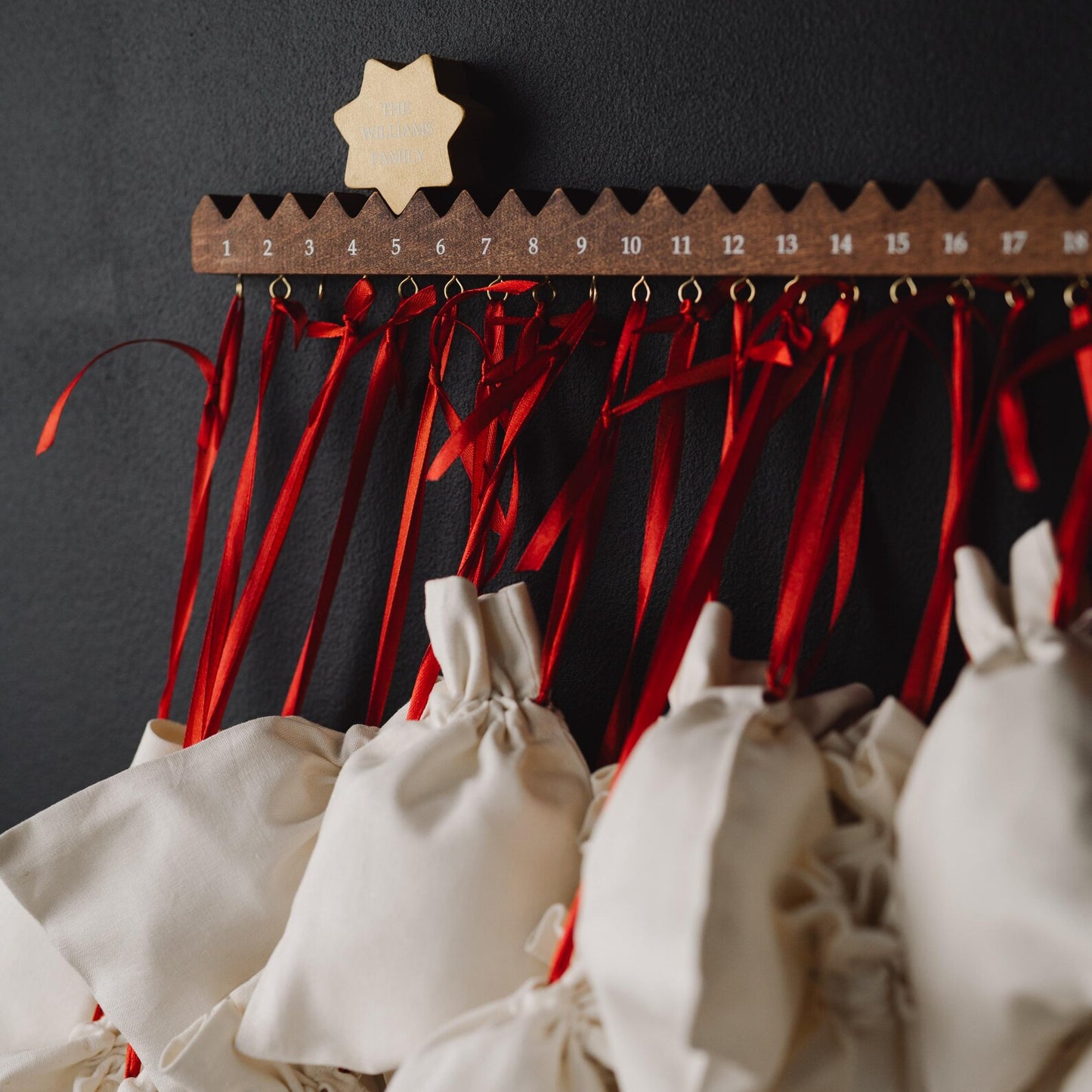 Personalized Advent Calendar with a Star & Optional Hooks & Linen Bags