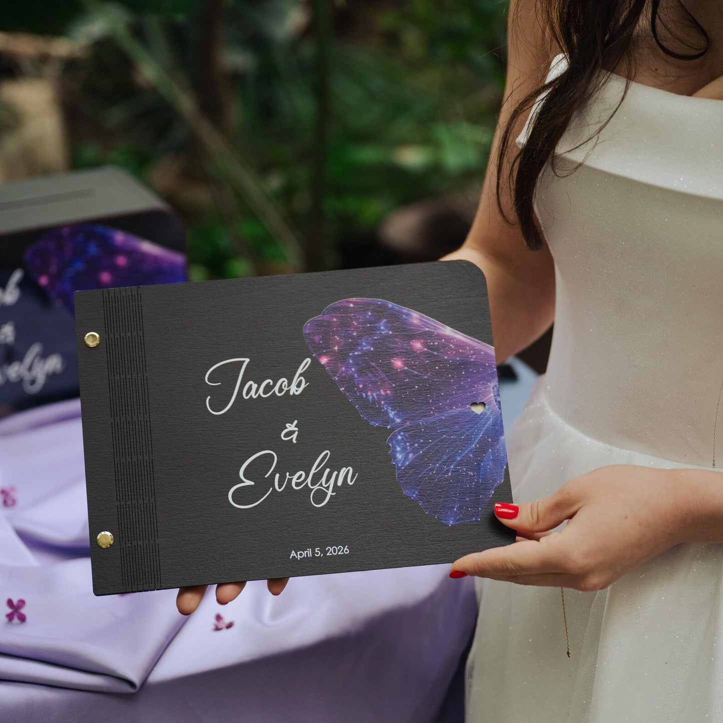 Livre d'or de mariage tropical personnalisé avec décor de papillons