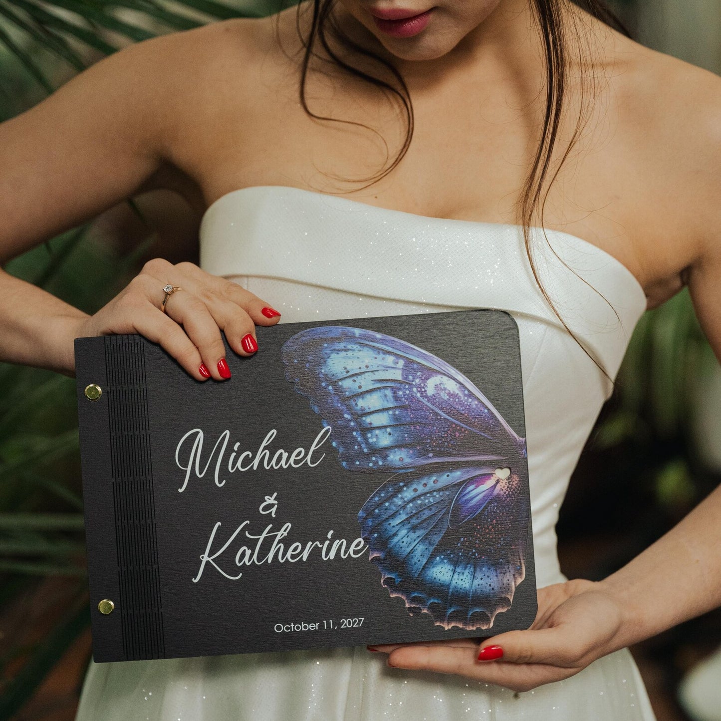 Livre d'or de mariage tropical personnalisé avec décor de papillons