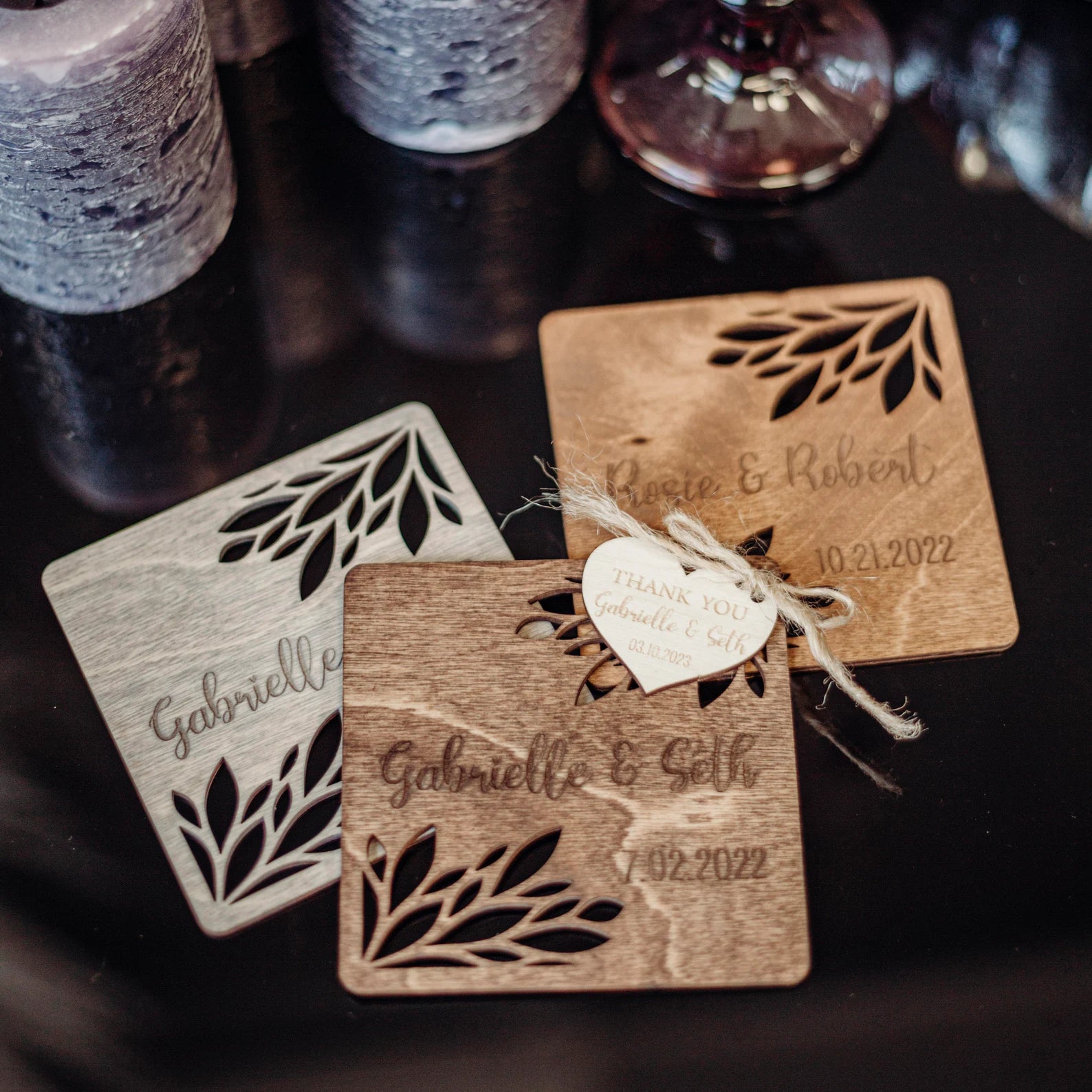 Personalized Wedding Favors for Guests in Bulk, Custom Wooden Coasters with Cut Out Design