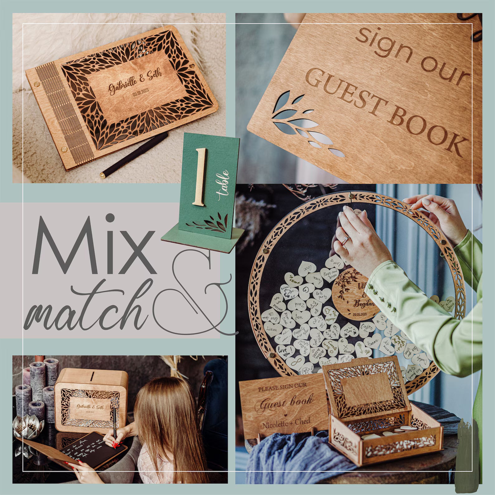 Livre d'or de mariage personnalisé avec photo, carnet personnalisé avec couverture en bois