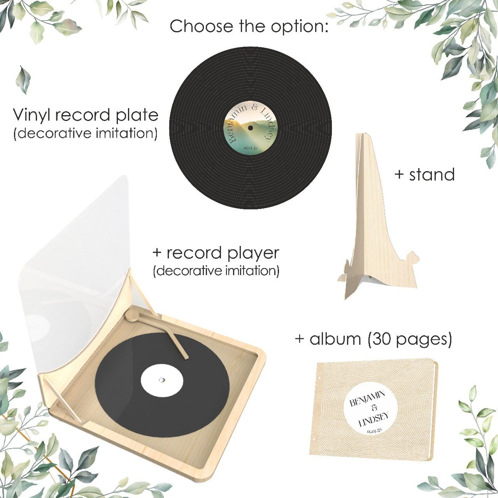 Personalisierte Hochzeitsgästebuch-Alternative: Vinyl-Schallplatten-Gästebuchschild mit Plattenspieler-Imitation