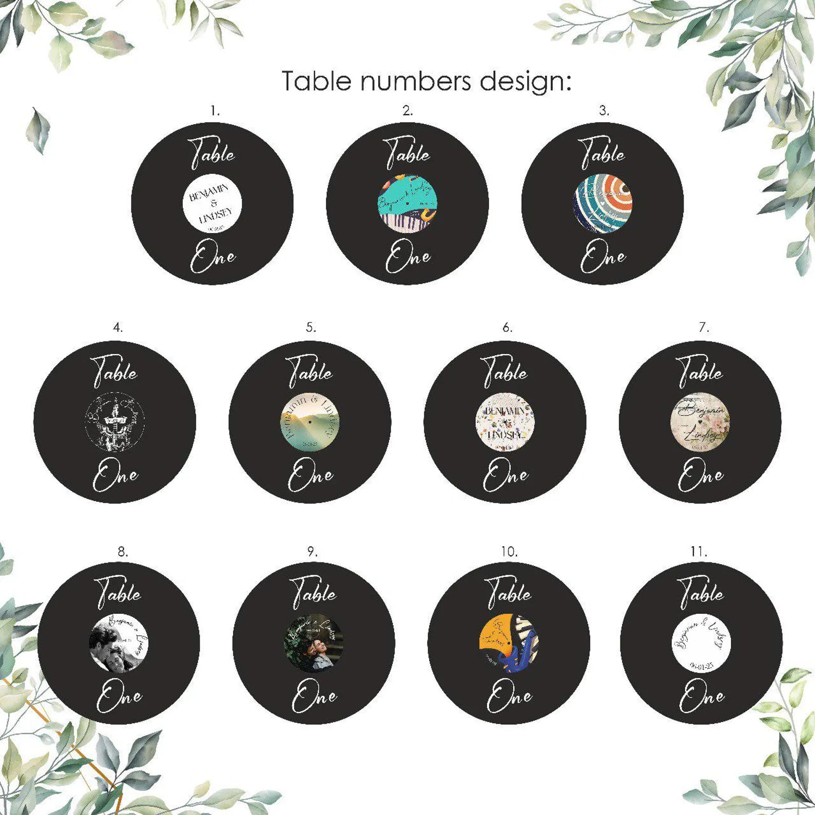 Numéros de table de mariage en disque vinyle