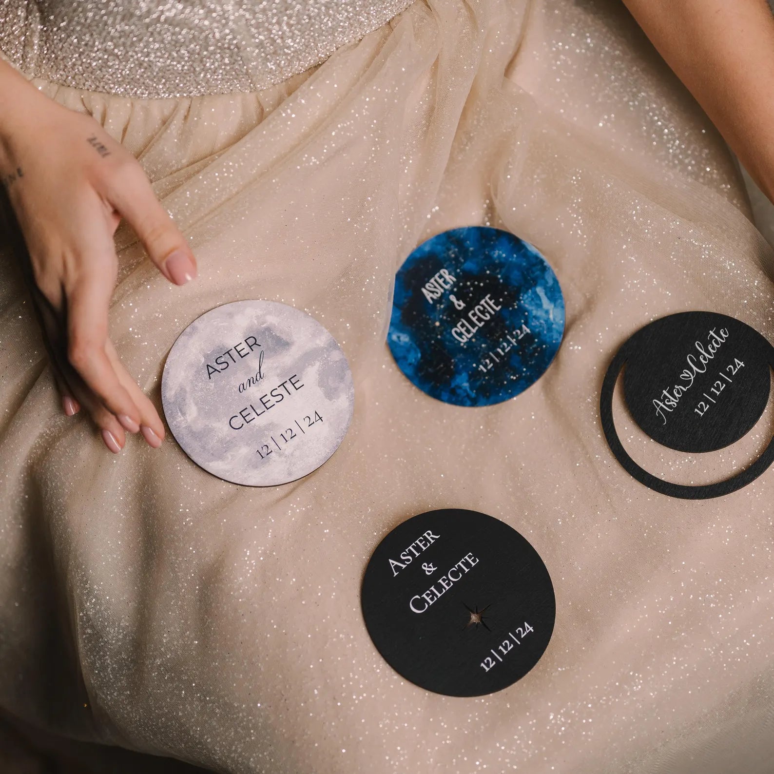 Personalisierte himmlische Hochzeitsuntersetzer, Hochzeitsgeschenke für Gäste