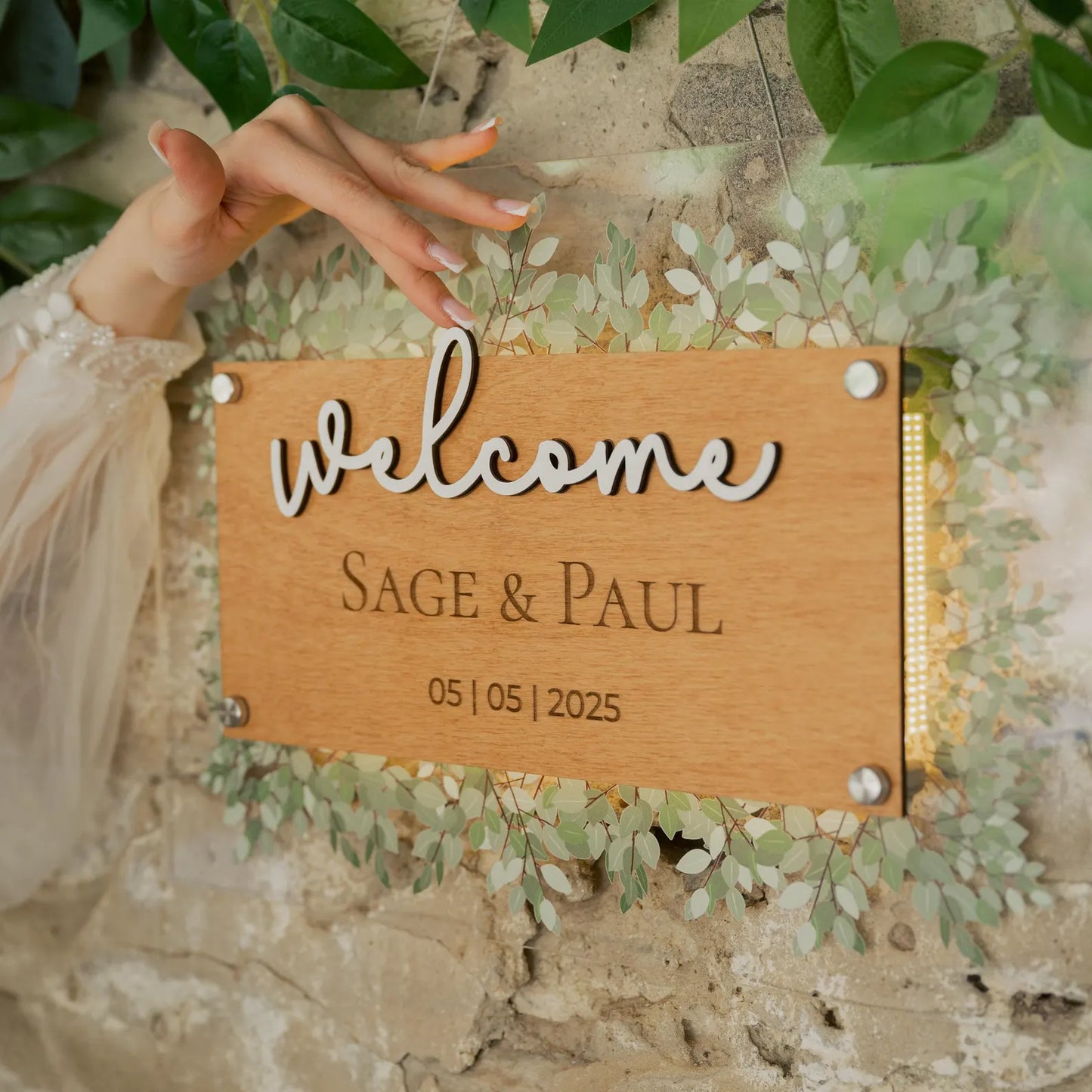 Panneau de bienvenue de mariage personnalisé avec feuilles