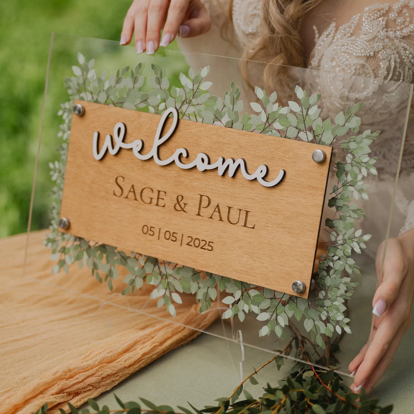 Panneau de bienvenue de mariage personnalisé avec feuilles