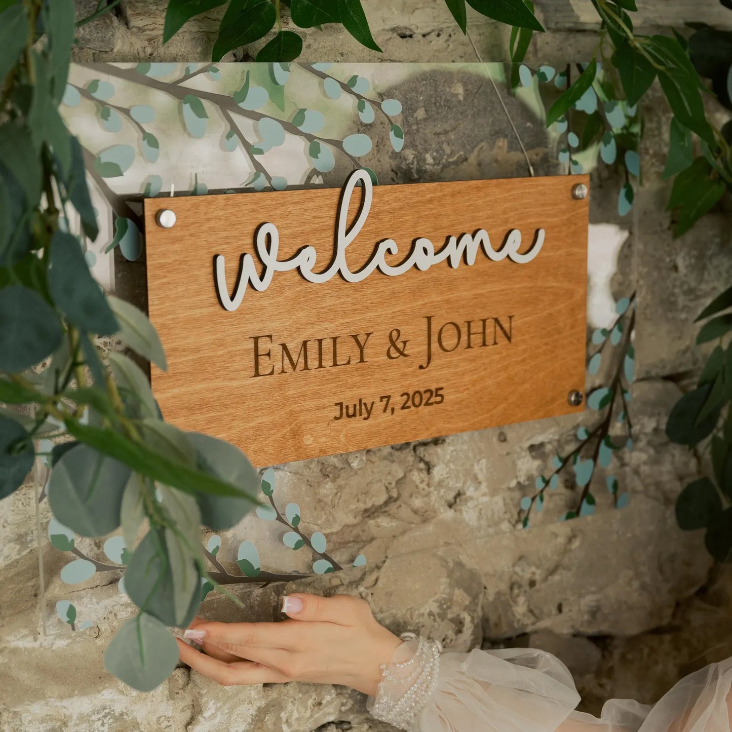 Panneau de bienvenue de mariage personnalisé avec feuilles