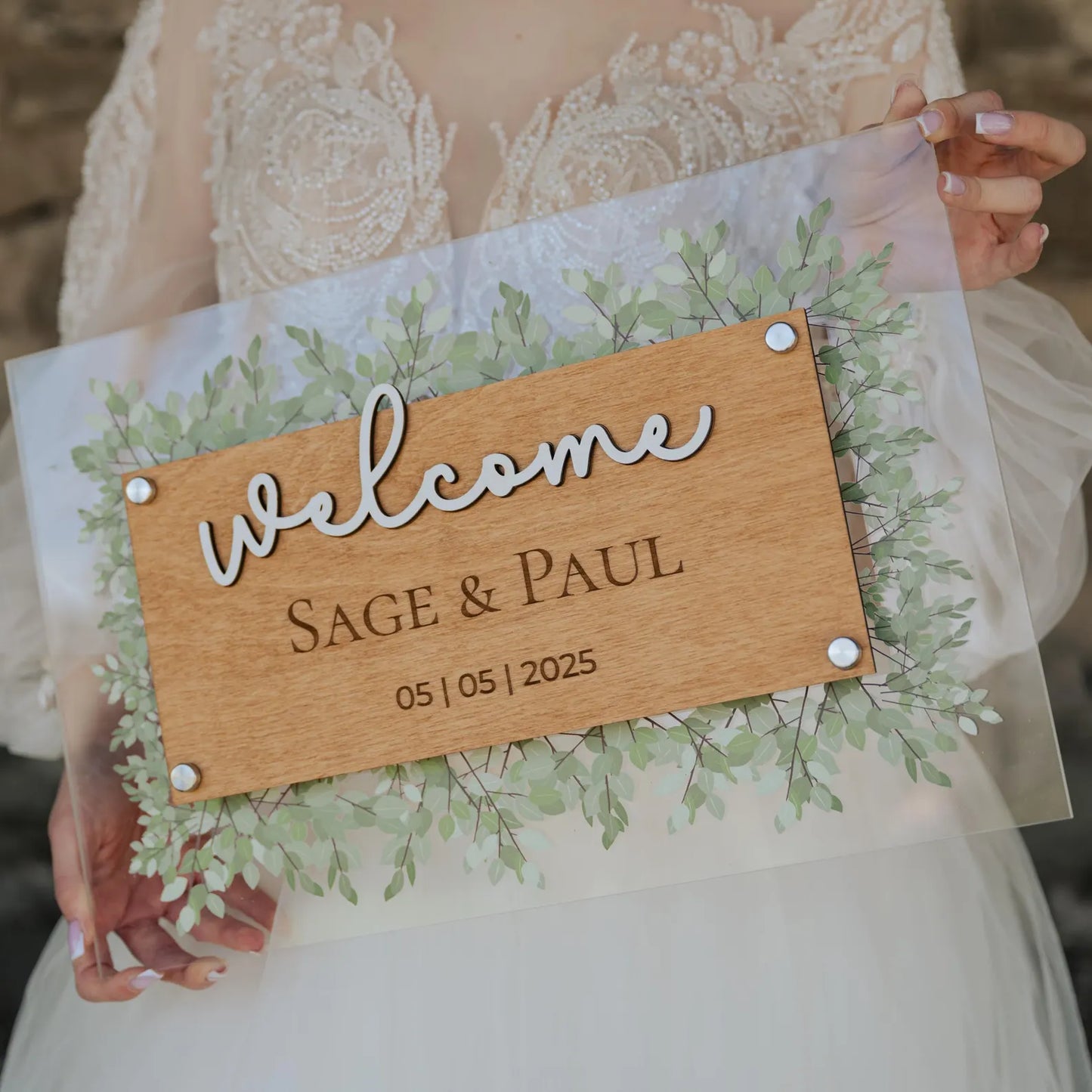 Panneau de bienvenue de mariage personnalisé avec feuilles