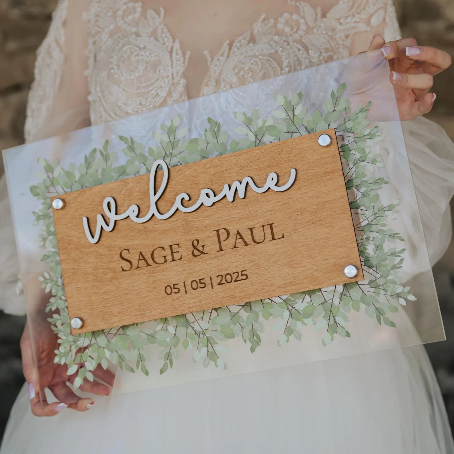 Panneau de bienvenue de mariage personnalisé avec feuilles