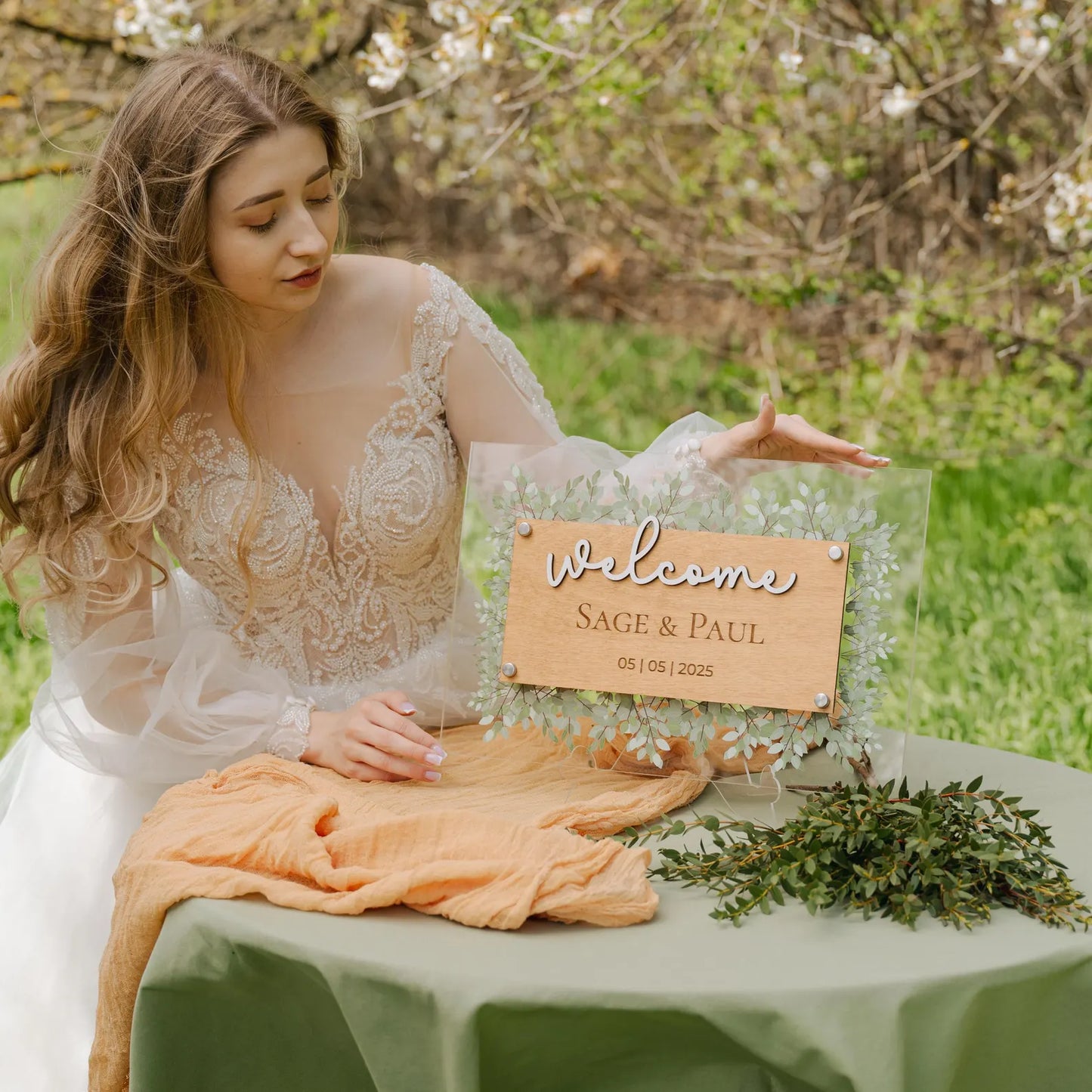 Panneau de bienvenue de mariage personnalisé avec feuilles
