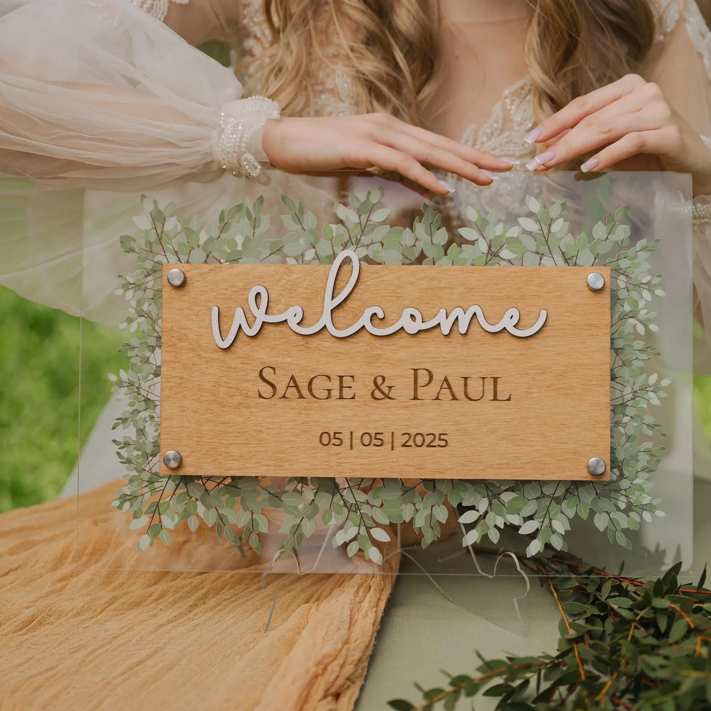 Panneau de bienvenue de mariage personnalisé avec feuilles