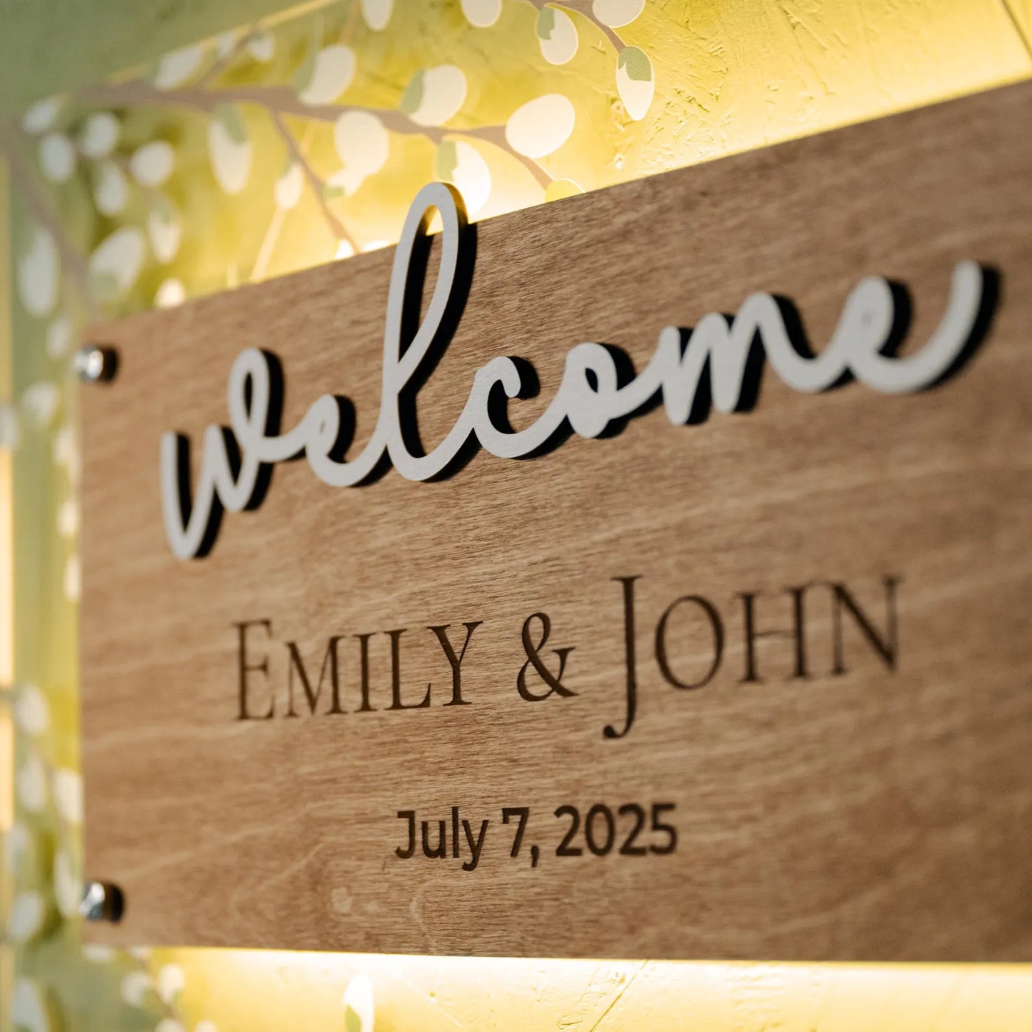 Panneau de bienvenue de mariage personnalisé avec feuilles