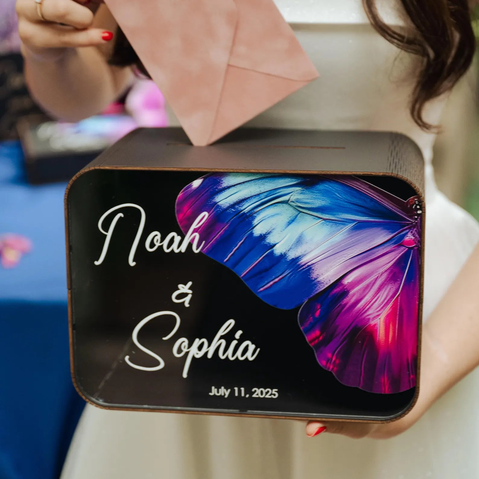 Boîte à cartes de mariage tropicale avec imprimé papillon