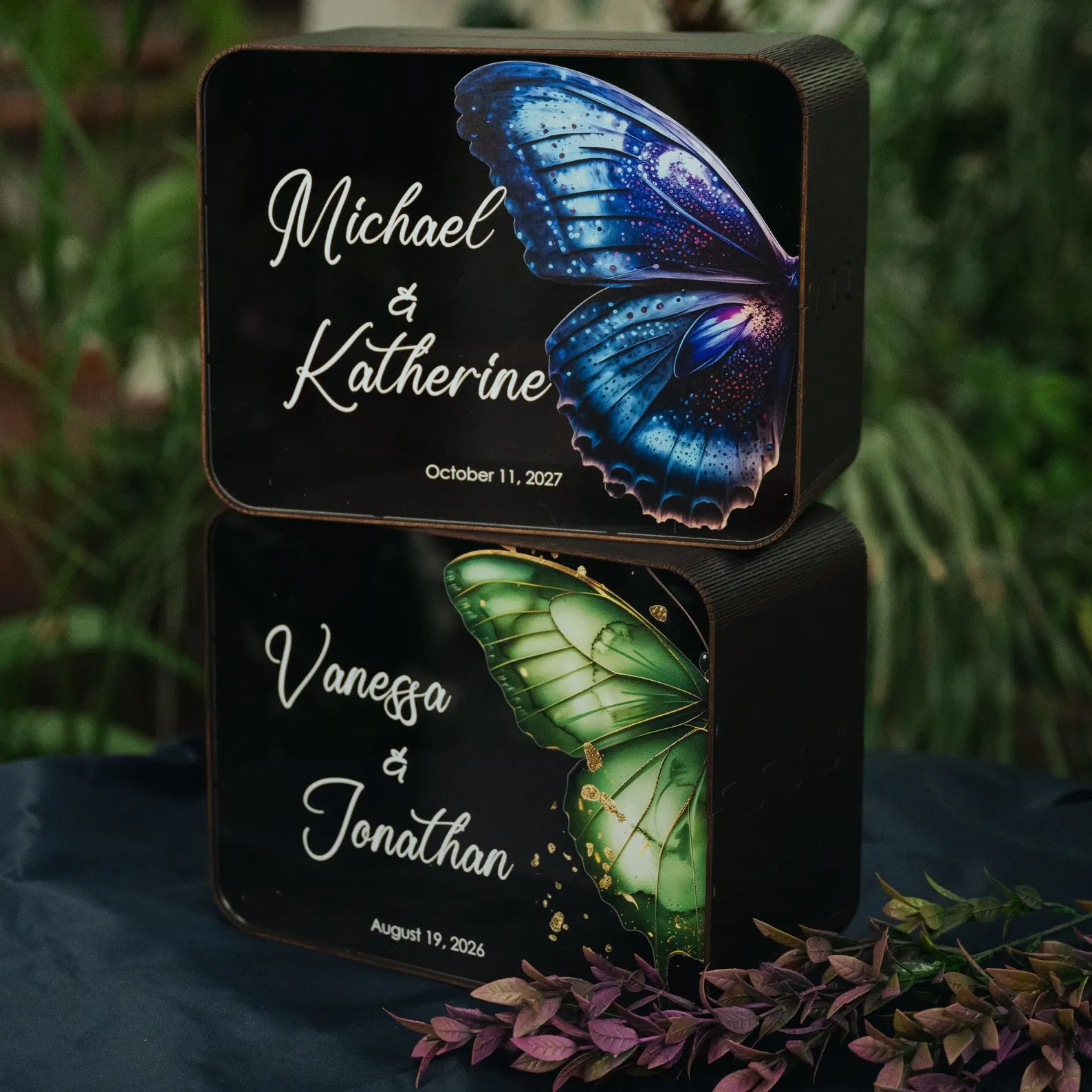 Boîte à cartes de mariage tropicale avec imprimé papillon