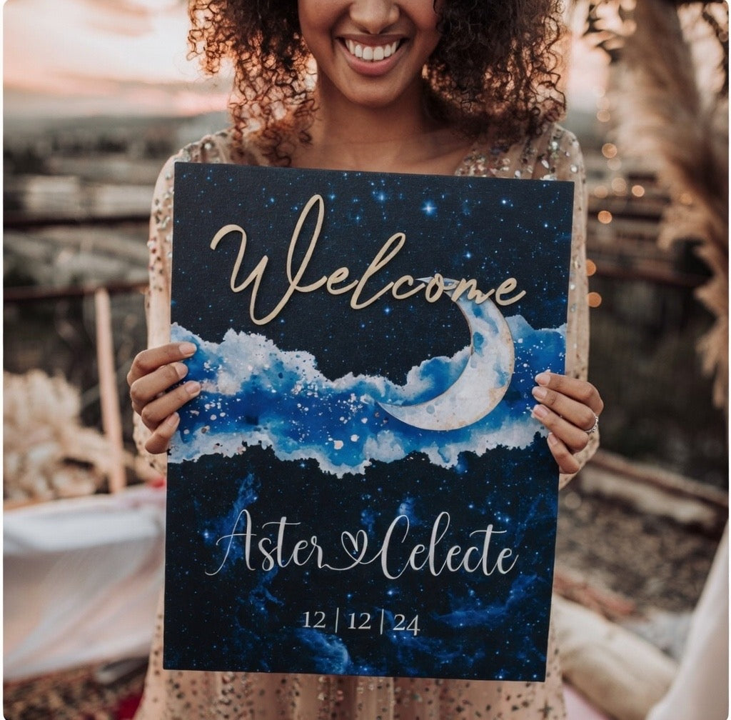 Panneau de bienvenue de mariage céleste personnalisé