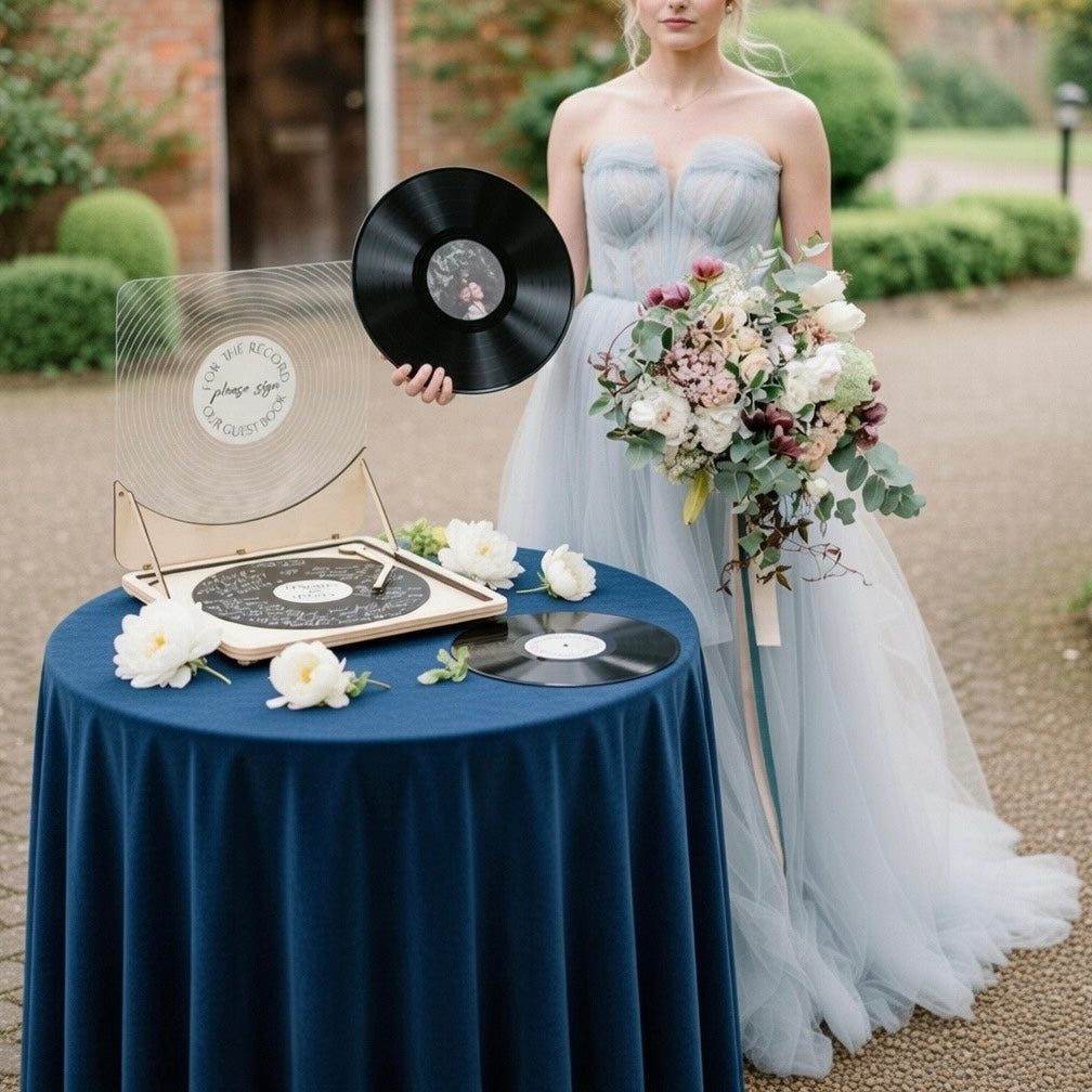Personalisierte Hochzeitsgästebuch-Alternative: Vinyl-Schallplatten-Gästebuchschild mit Plattenspieler-Imitation 