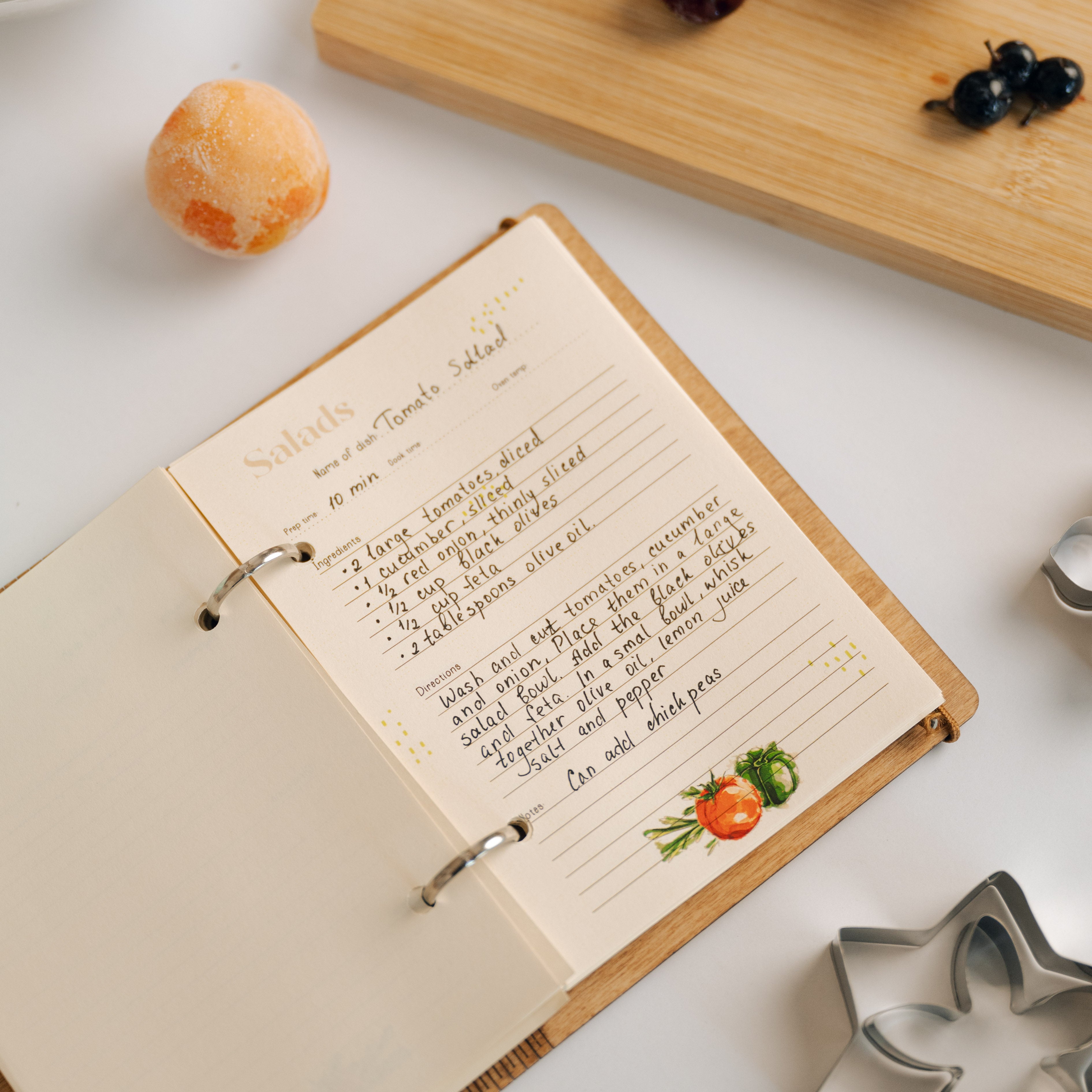 Personalized Recipe Book with Wooden Cover, Mediterranean Style Kitchen Decor