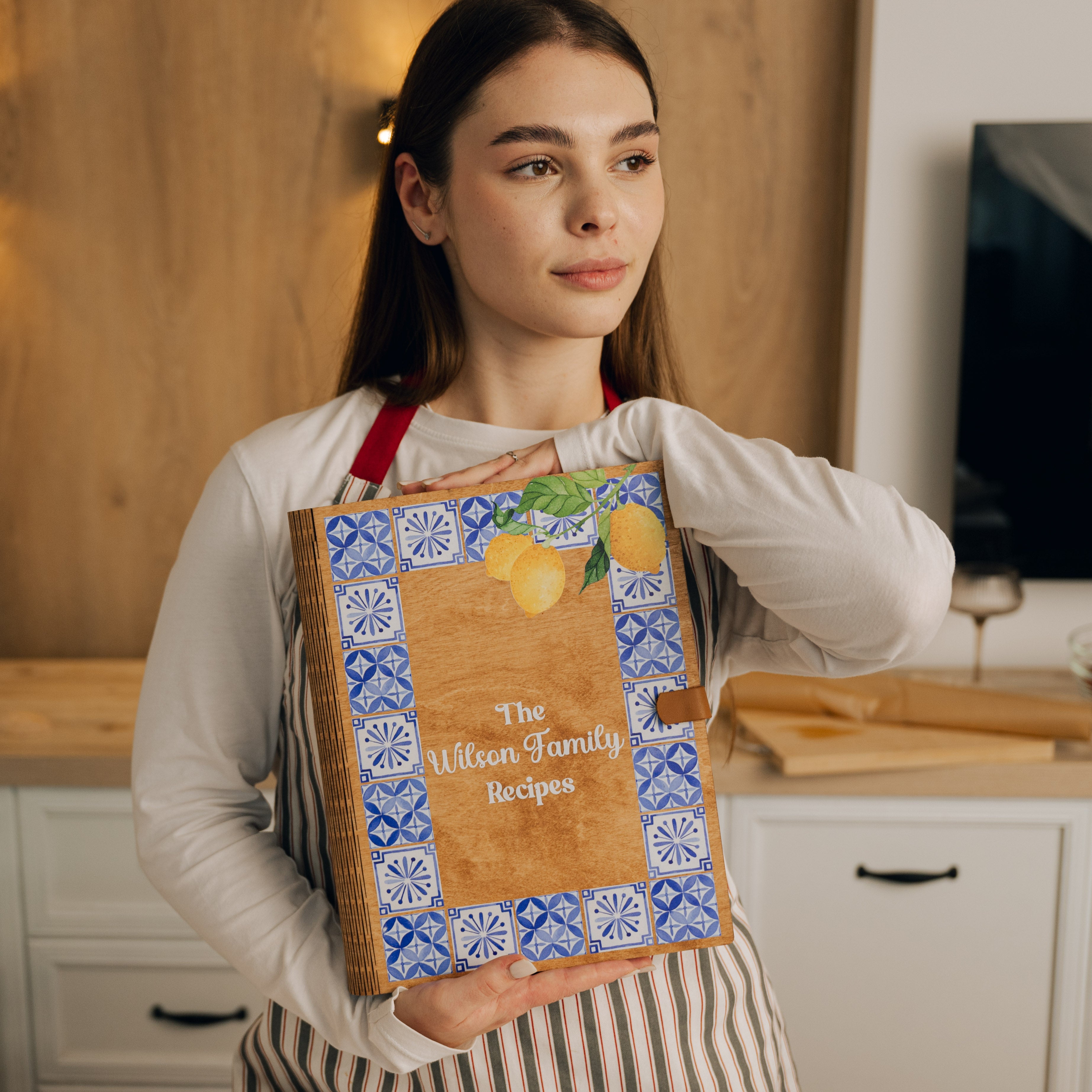 Personalized Recipe Book with Wooden Cover, Mediterranean Style Kitchen Decor