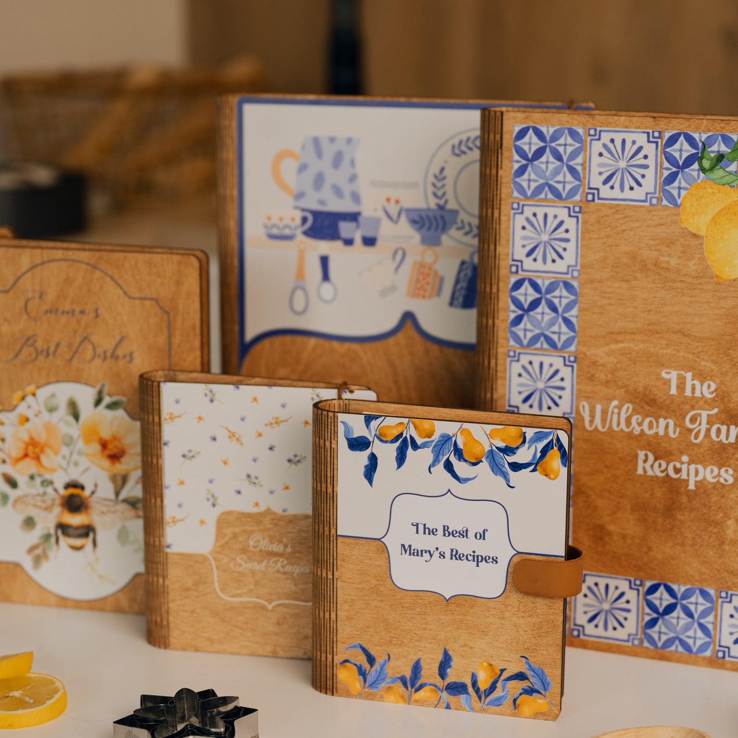 Personalized Recipe Book with Wooden Cover, Mediterranean Style Kitchen Decor