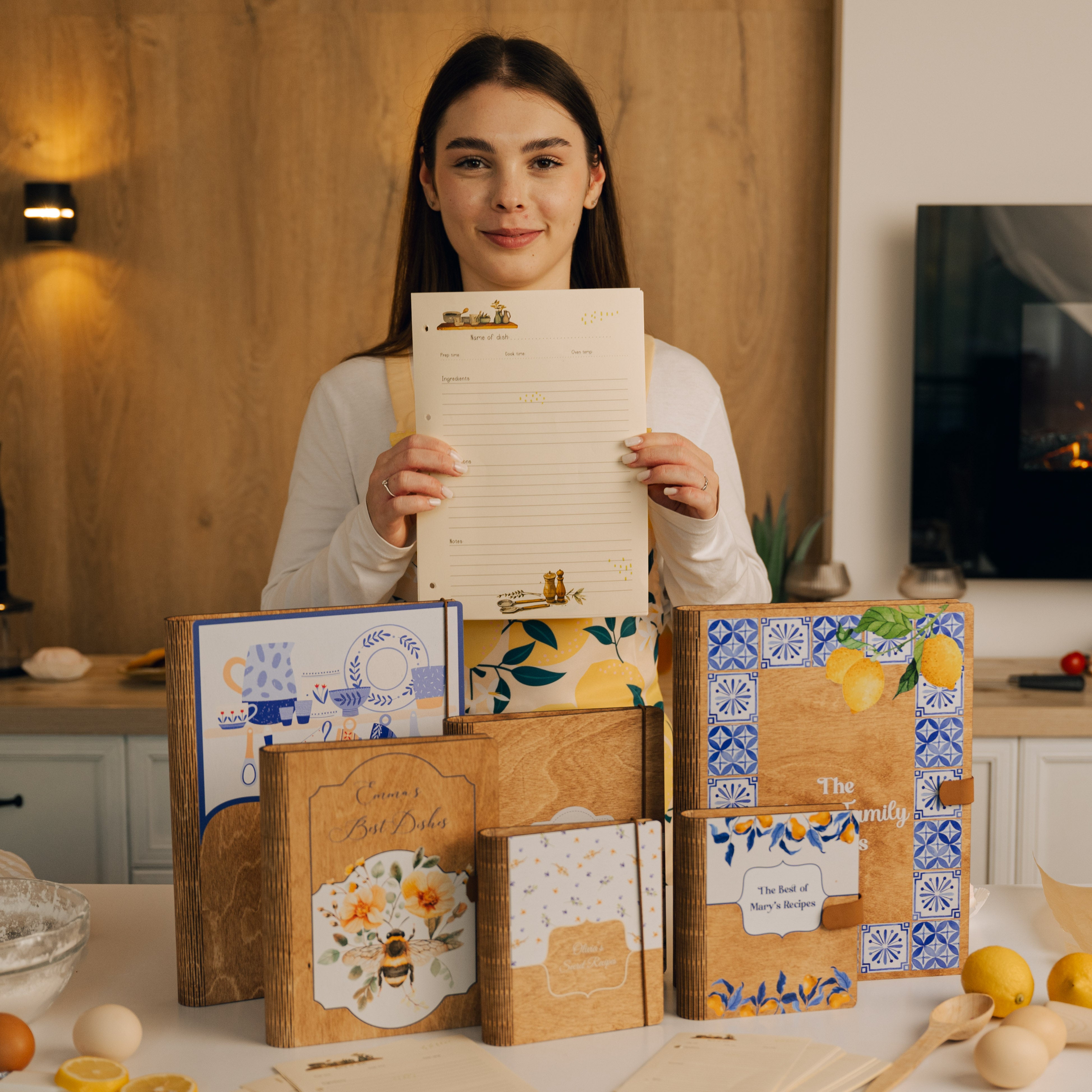 Personalized Recipe Book with Wooden Cover, Mediterranean Style Kitchen Decor