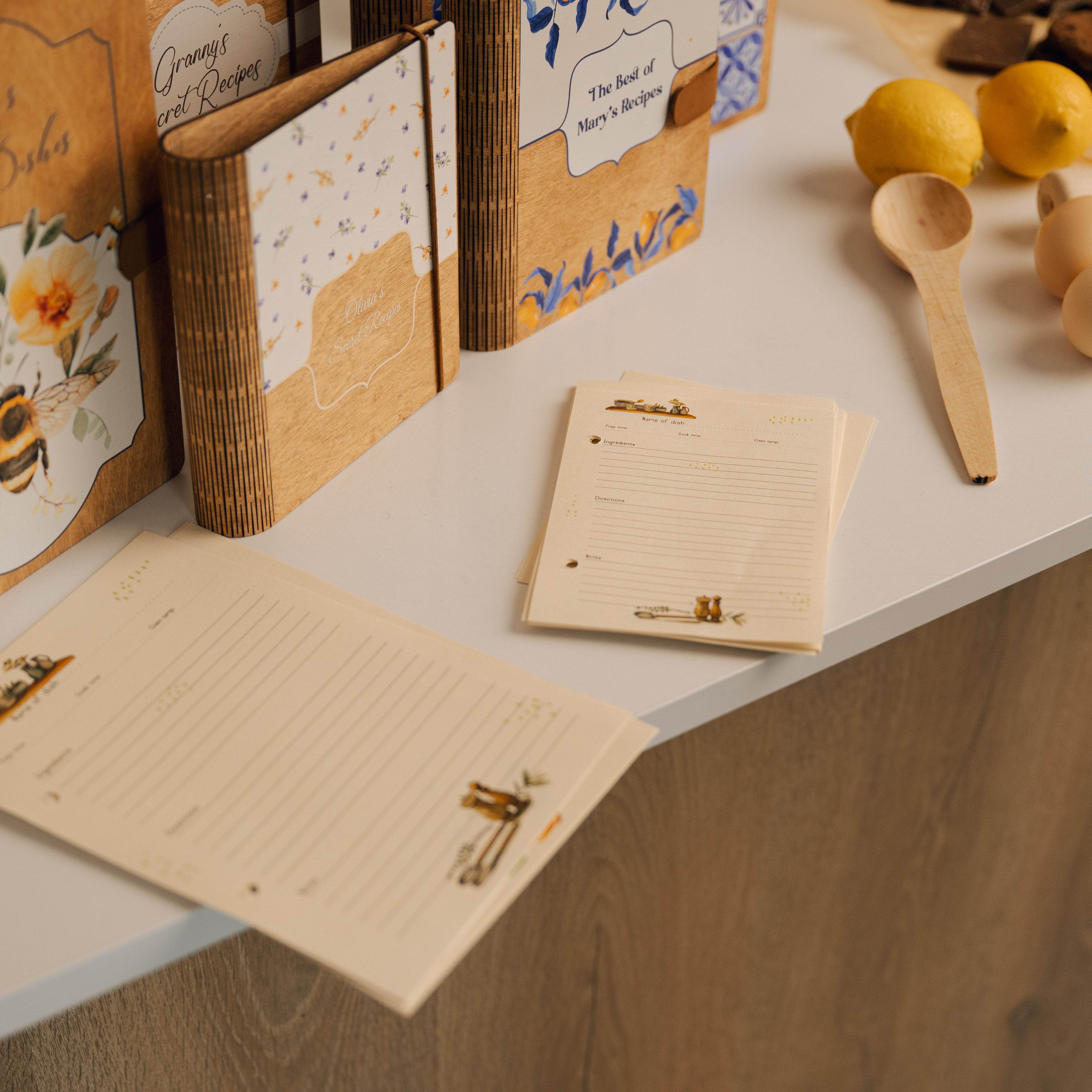 Personalized Recipe Book with Wooden Cover, Mediterranean Style Kitchen Decor