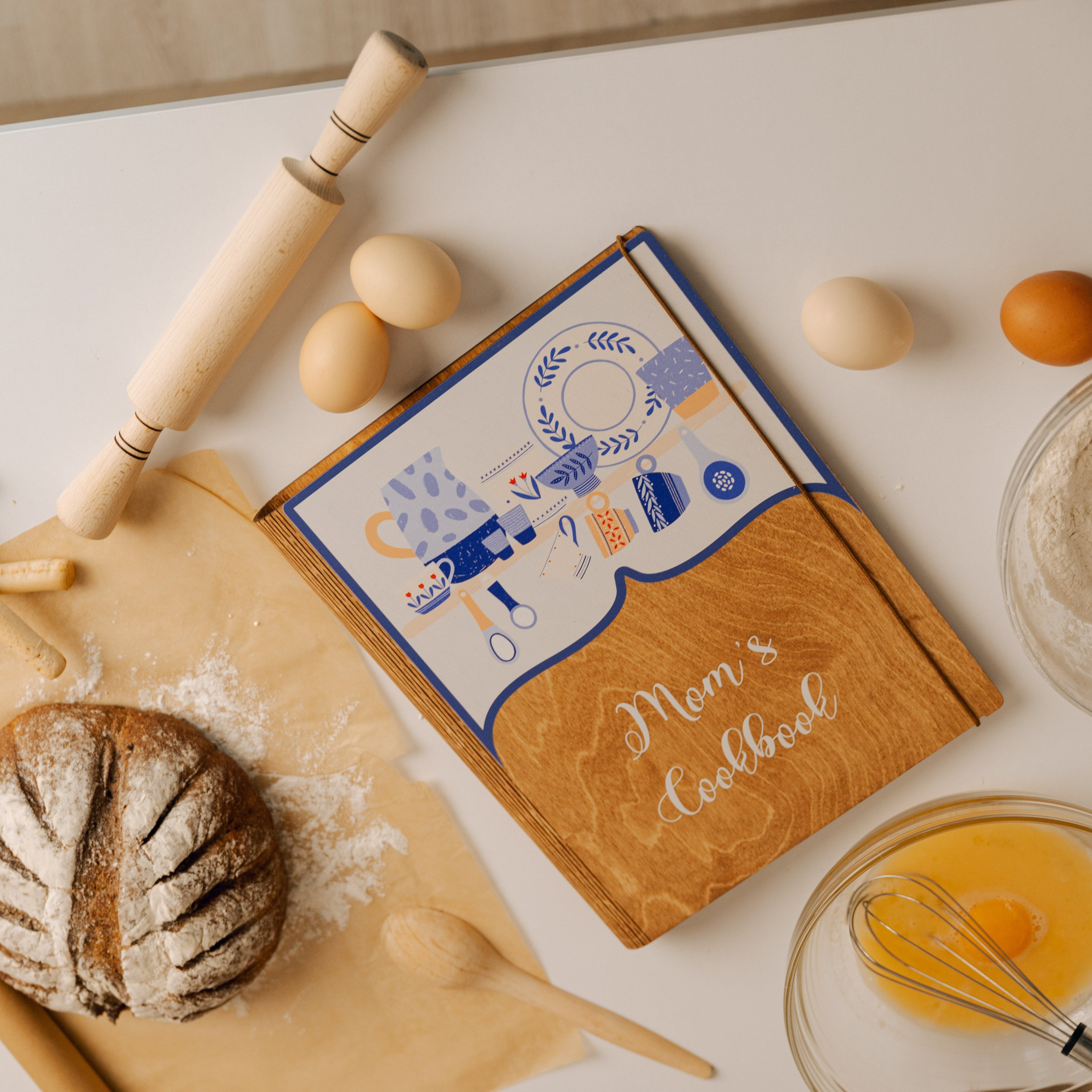 Personalized Recipe Book with Wooden Cover, Mediterranean Style Kitchen Decor