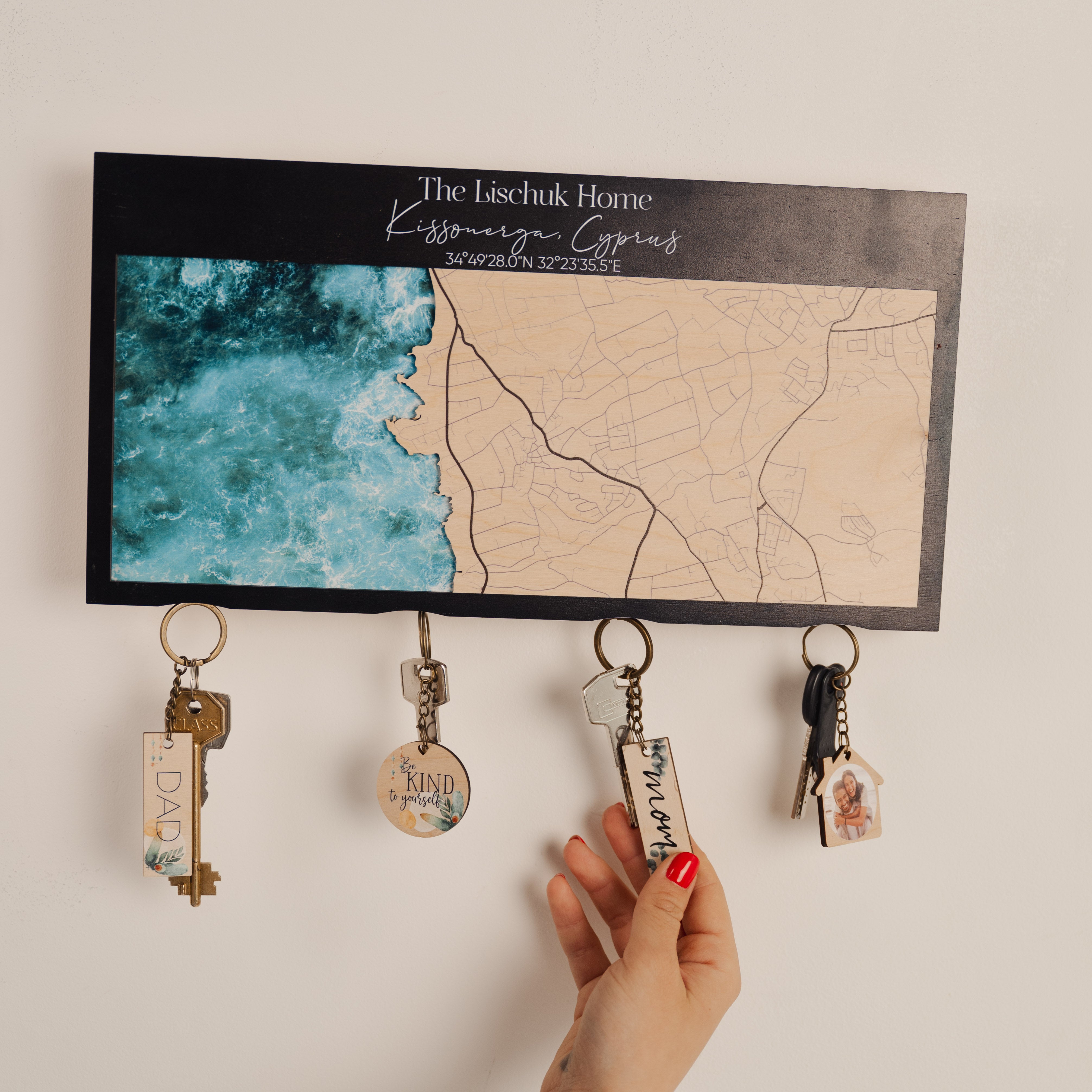 Personalized Wooden Key Holder with a Custom Location Map