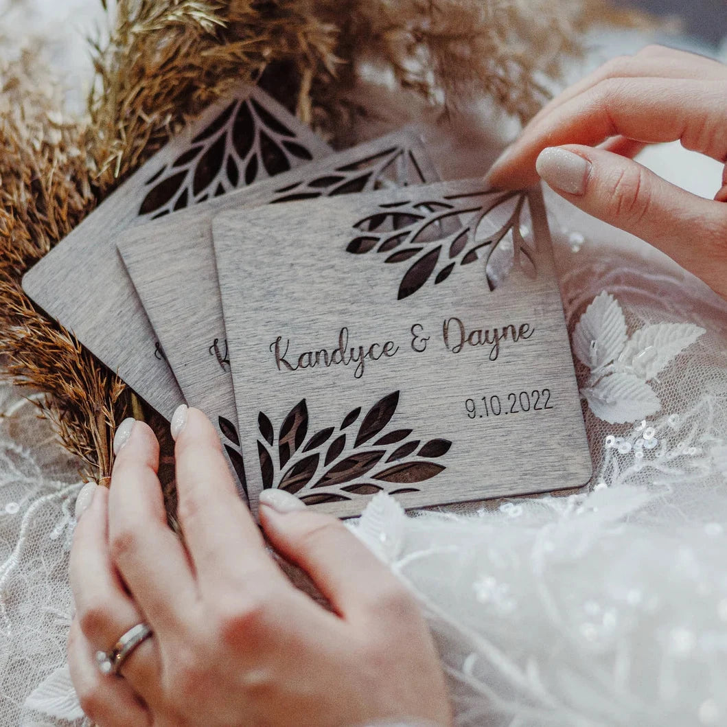 Personalized Wedding Favors for Guests in Bulk, Custom Wooden Coasters with Cut Out Design