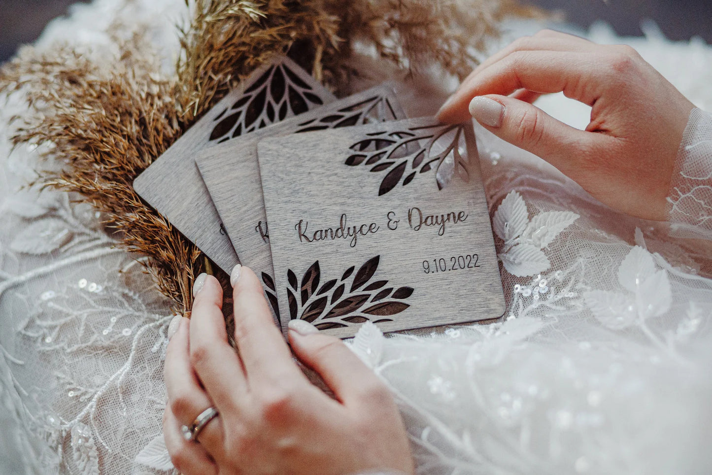 Personalized Wedding Favors for Guests in Bulk, Custom Wooden Coasters with Cut Out Design