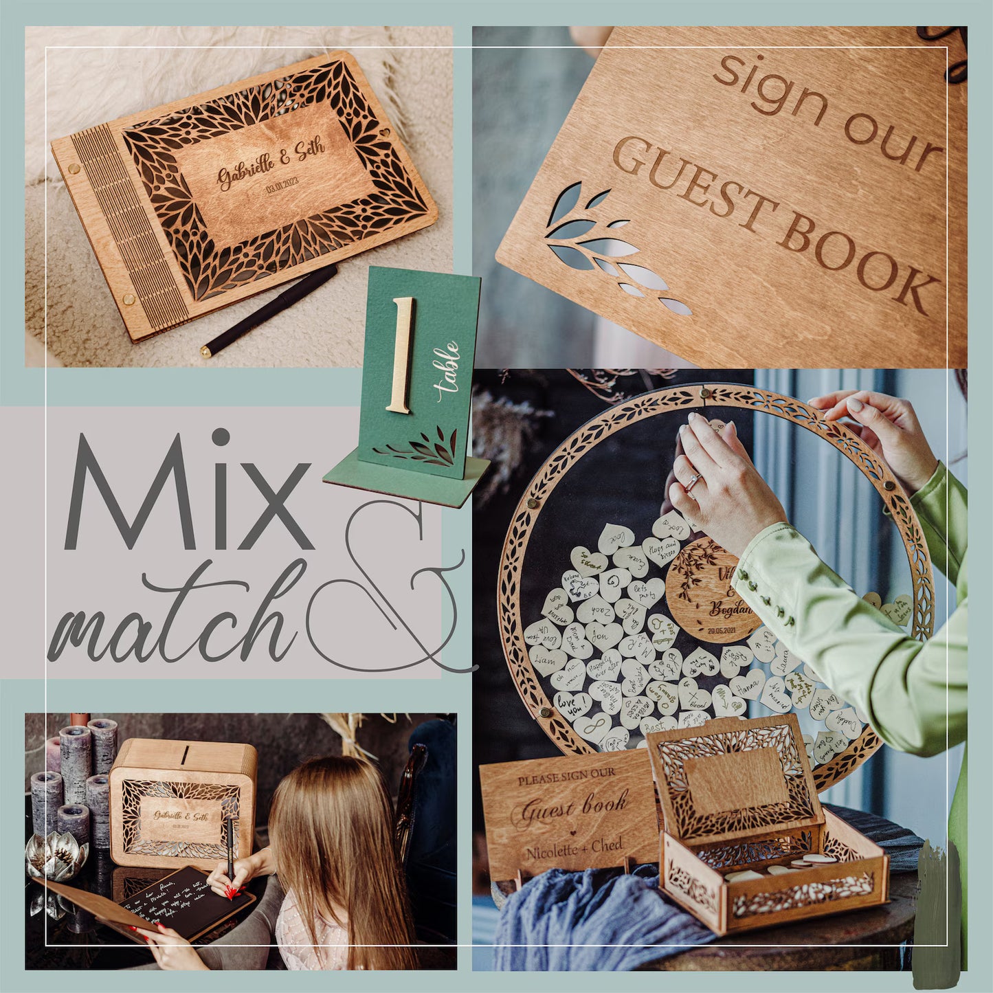Personalized Wedding Guest Book with Picture, Custom Notebook with Wooden Cover