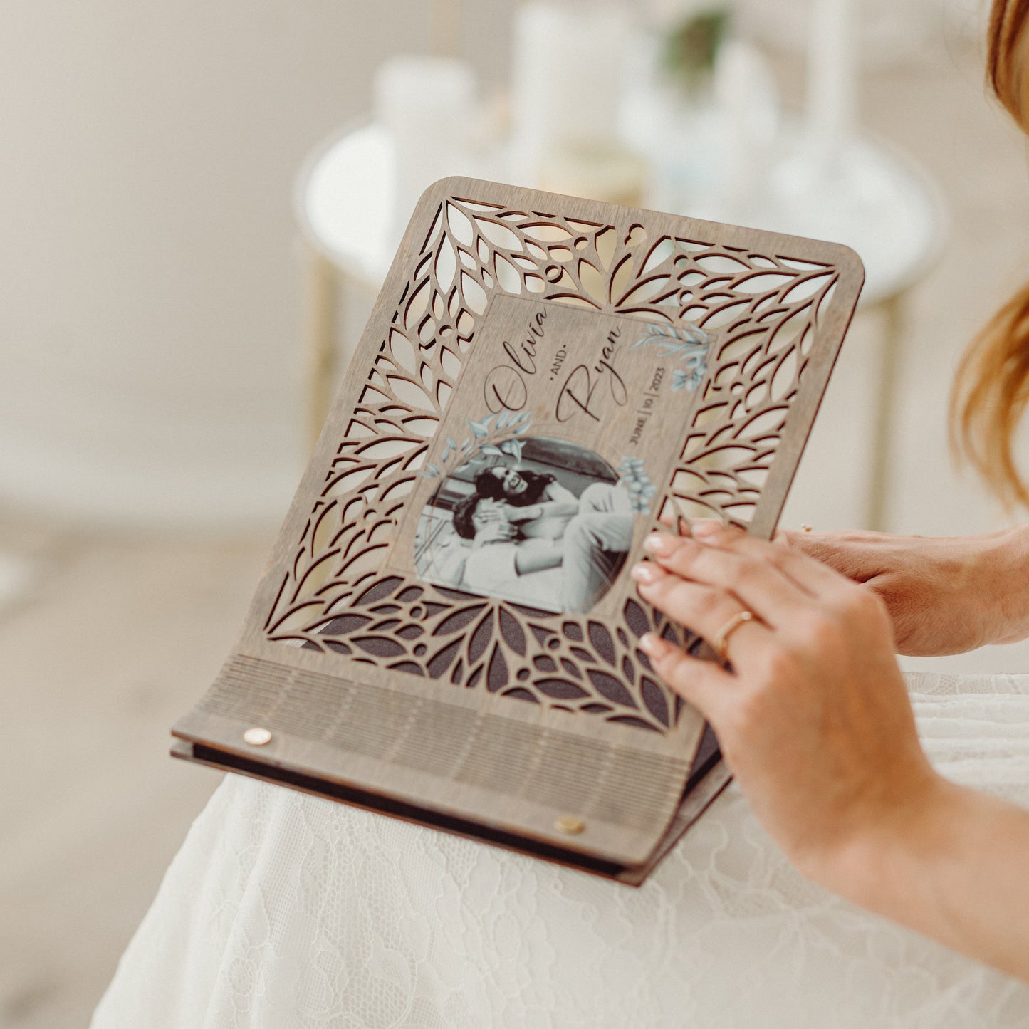 Personalized Wedding Guest Book with Picture, Custom Notebook with Wooden Cover