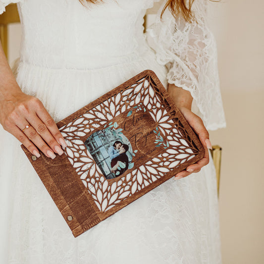 Personalized Wedding Guest Book with Picture, Custom Notebook with Wooden Cover
