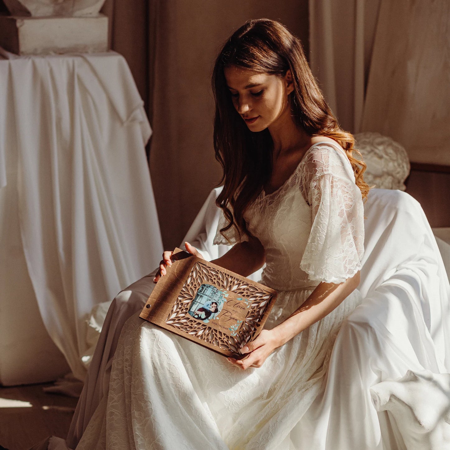 Personalized Wedding Guest Book with Picture, Custom Notebook with Wooden Cover