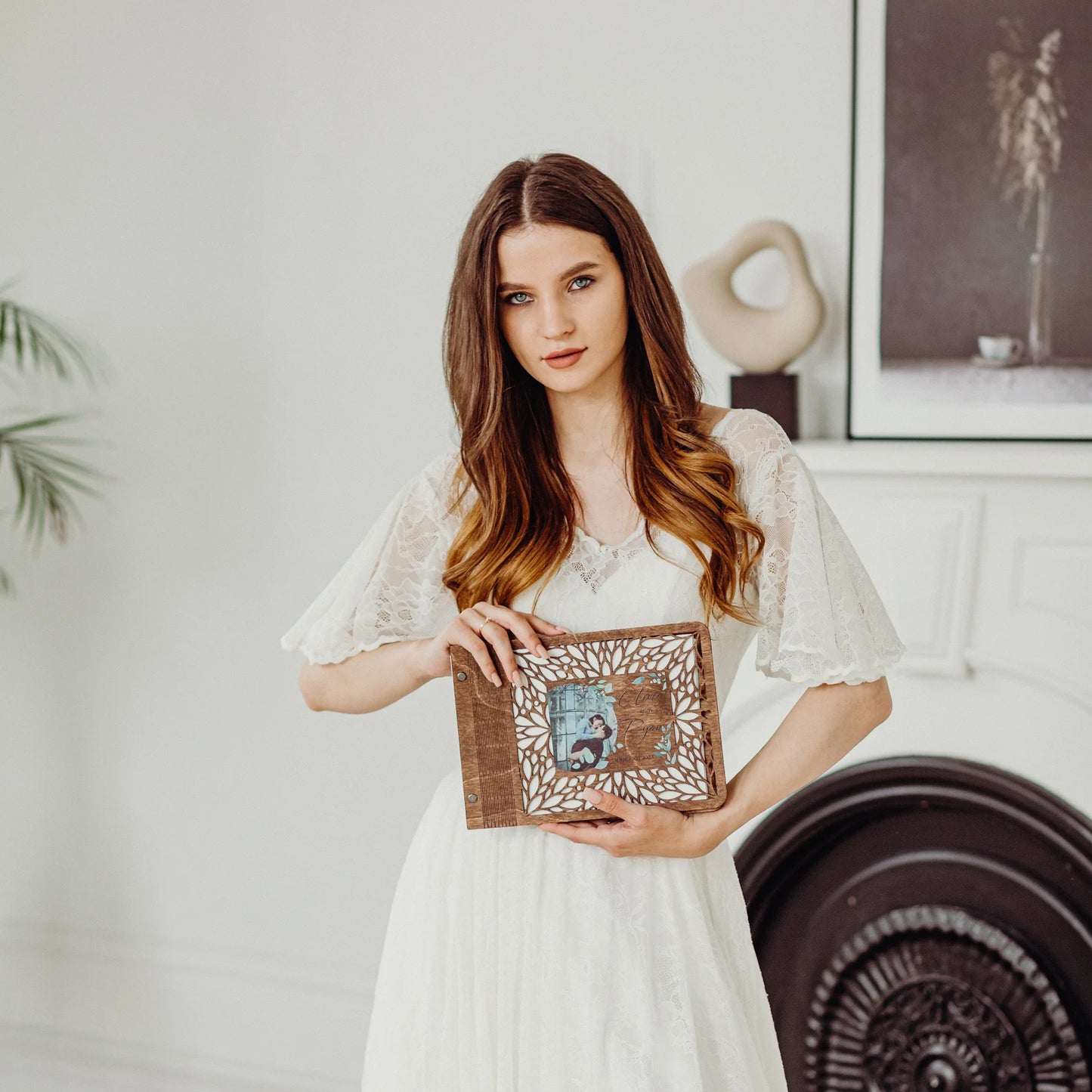 Personalized Wedding Guest Book with Picture, Custom Notebook with Wooden Cover