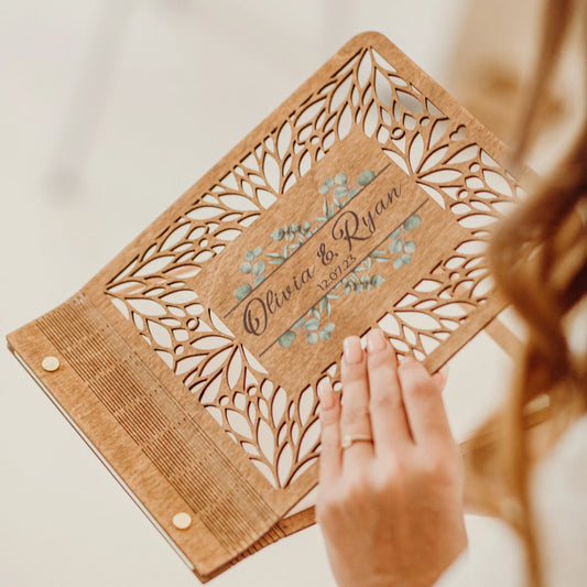 Personalized Wedding Guest Book with Picture, Custom Notebook with Wooden Cover