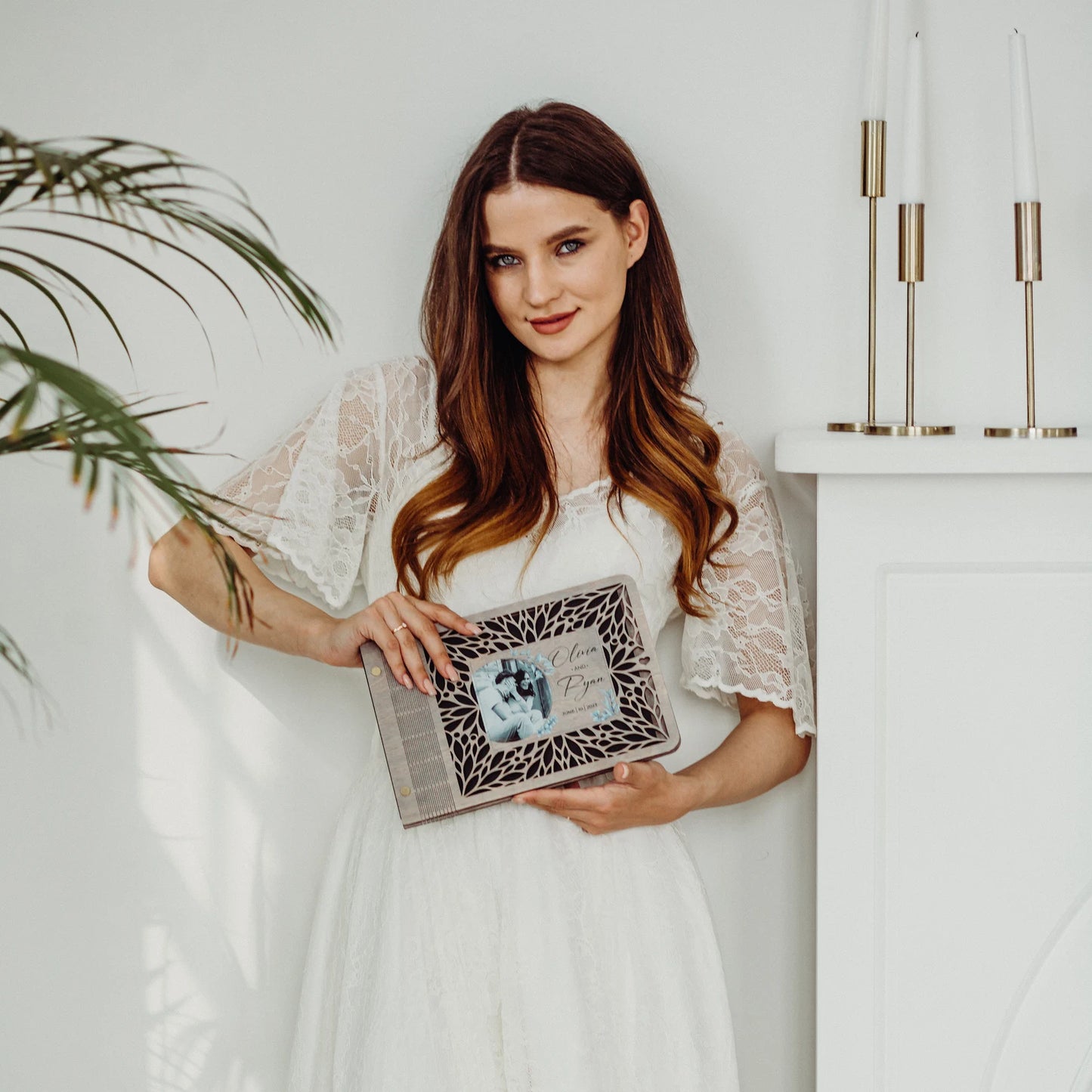 Personalized Wedding Guest Book with Picture, Custom Notebook with Wooden Cover