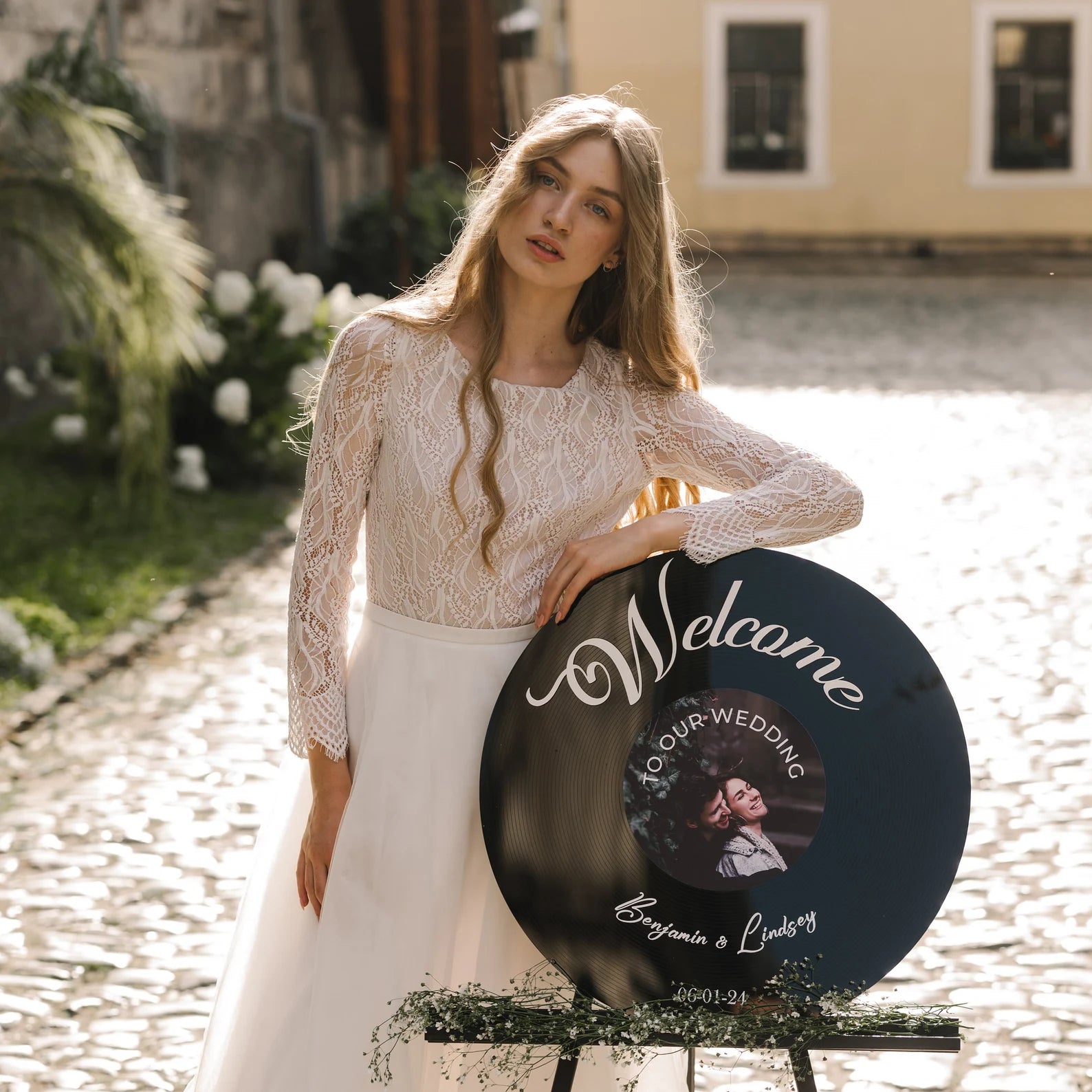 Personalisiertes Retro-Hochzeits-Willkommensschild, Vinyl-Schallplatten-Imitation, Willkommensschild für Vintage-Hochzeitsparty-Dekor