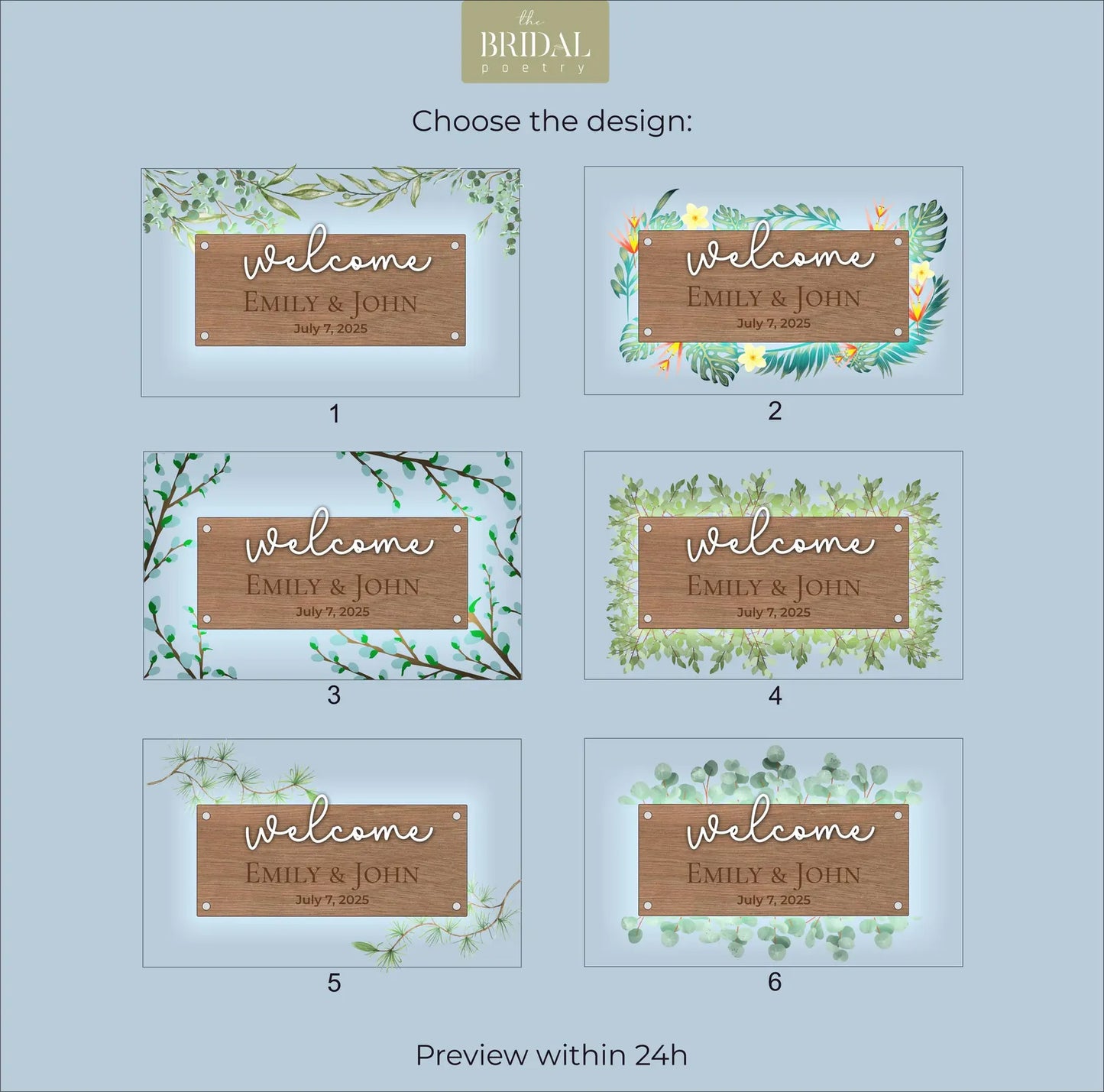 Panneau de bienvenue de mariage personnalisé avec feuilles 