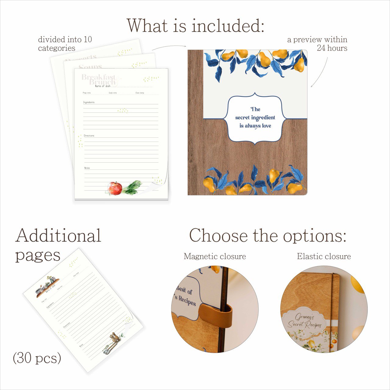 Personalized Recipe Book with Wooden Cover, Mediterranean Style Kitchen Decor